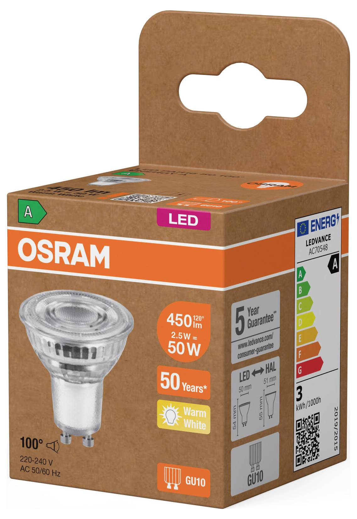 OSRAM LED reflektorová žárovka, balení ukazující GU10 teplou bílou 50W ekvivalent žárovky s 450 lumeny, energetická třída A a 5letou záruku.