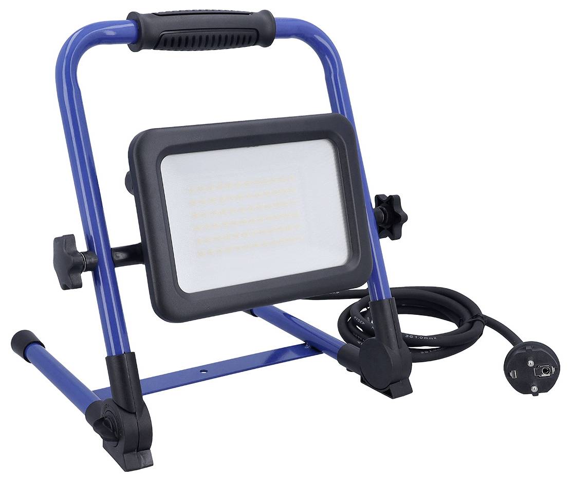 Přenosné modré pracovní LED světlo na stojanu s připojeným napájecím kabelem, vhodné pro různé osvětlovací úkoly v interiéru i exteriéru.