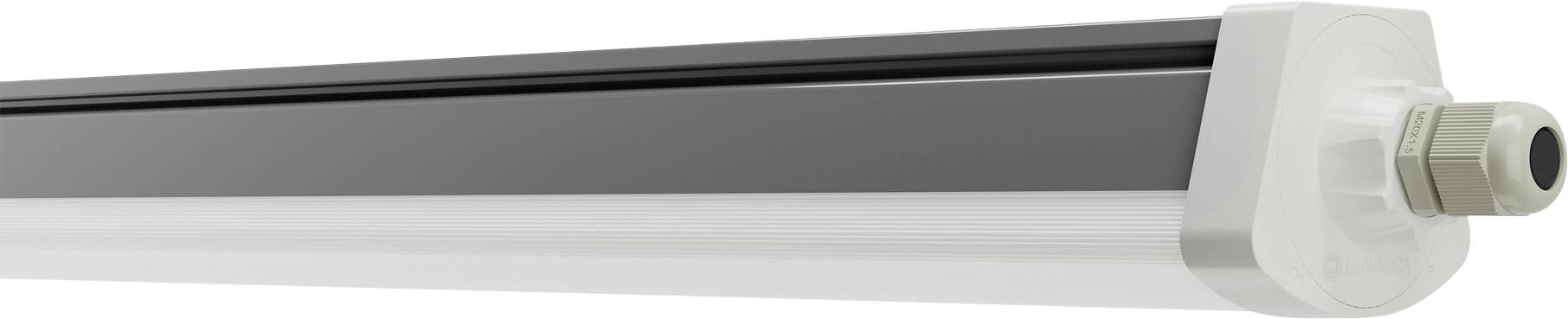 Detailní snímek dlouhého, bílého LED trubicového svítidla s konektorem napájení na jednom konci, určeného pro průmyslové nebo komerční použití.