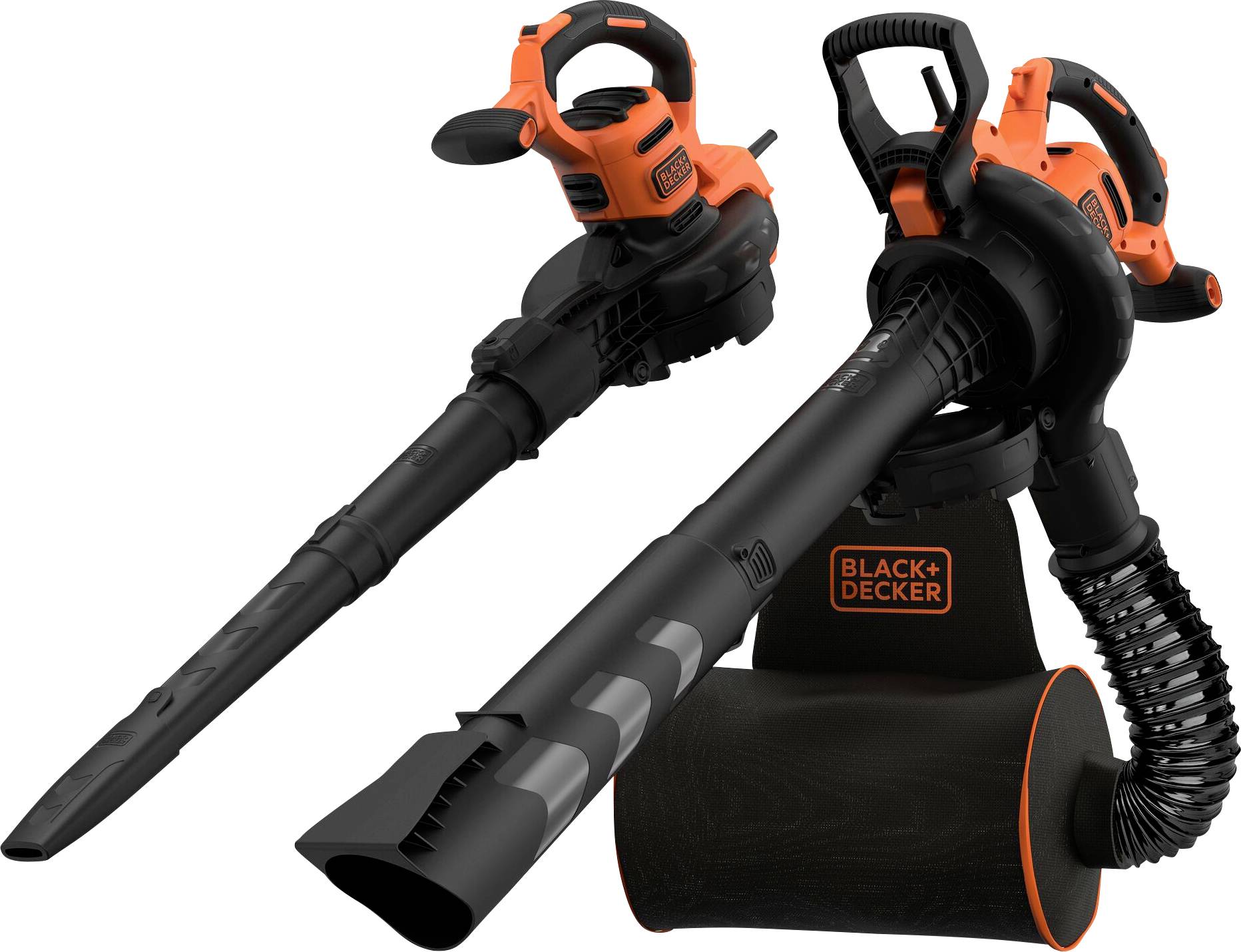 Vysokorychlostní fén na listy a vysavač Black+Decker zobrazující jeho dva režimy: foukání s prodlouženou hubicí a vysávání s připojeným pylem na mulč.