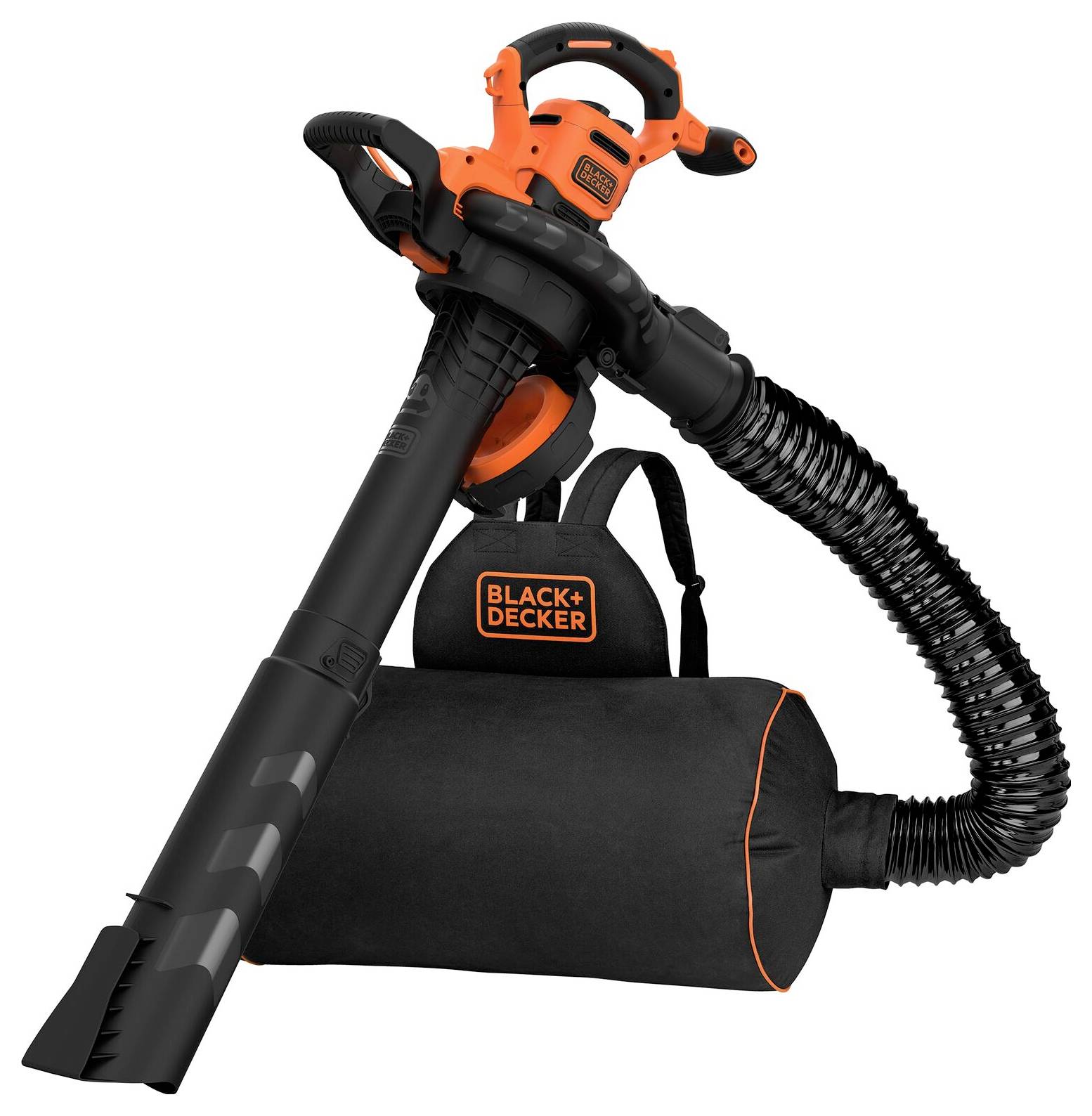 Odsávač a foukač listí 'BLACK+DECKER' s odnímatelným pytlem a hadicí, určený pro údržbu zahrady.