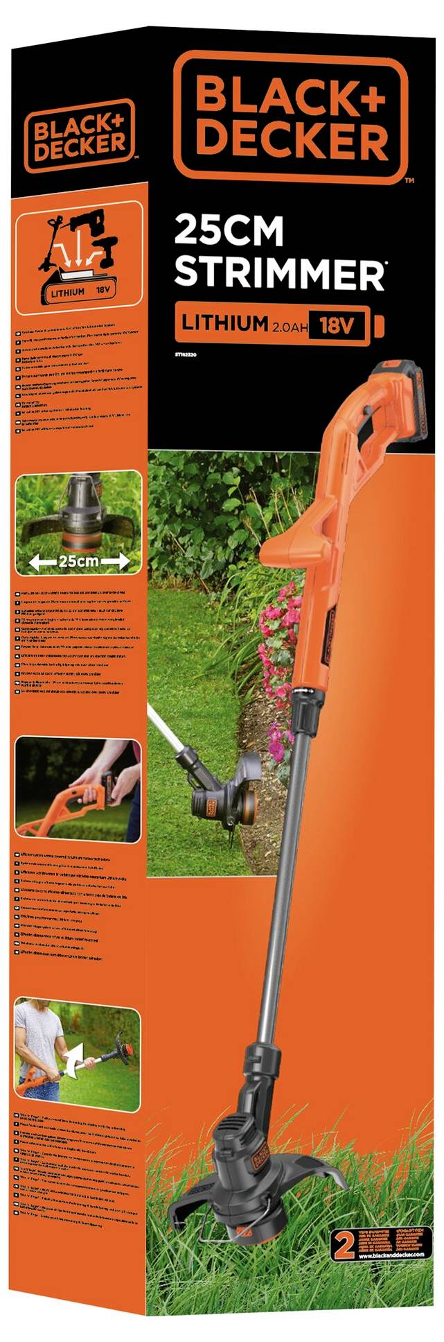 Balení pro strunový trimer Black+Decker 25 cm, poháněný 18V lithiovou baterií. Vlastnosti a návod k použití jsou uvedeny na krabici.