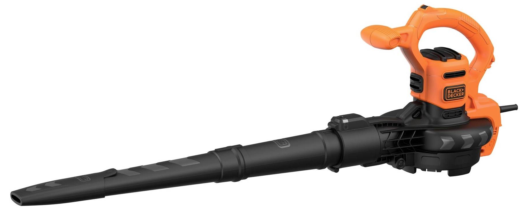 Oranžovo-černá sekačka listů se spouští rukojetí, označená "Black+Decker", navržená pro úkoly čištění zahrad.