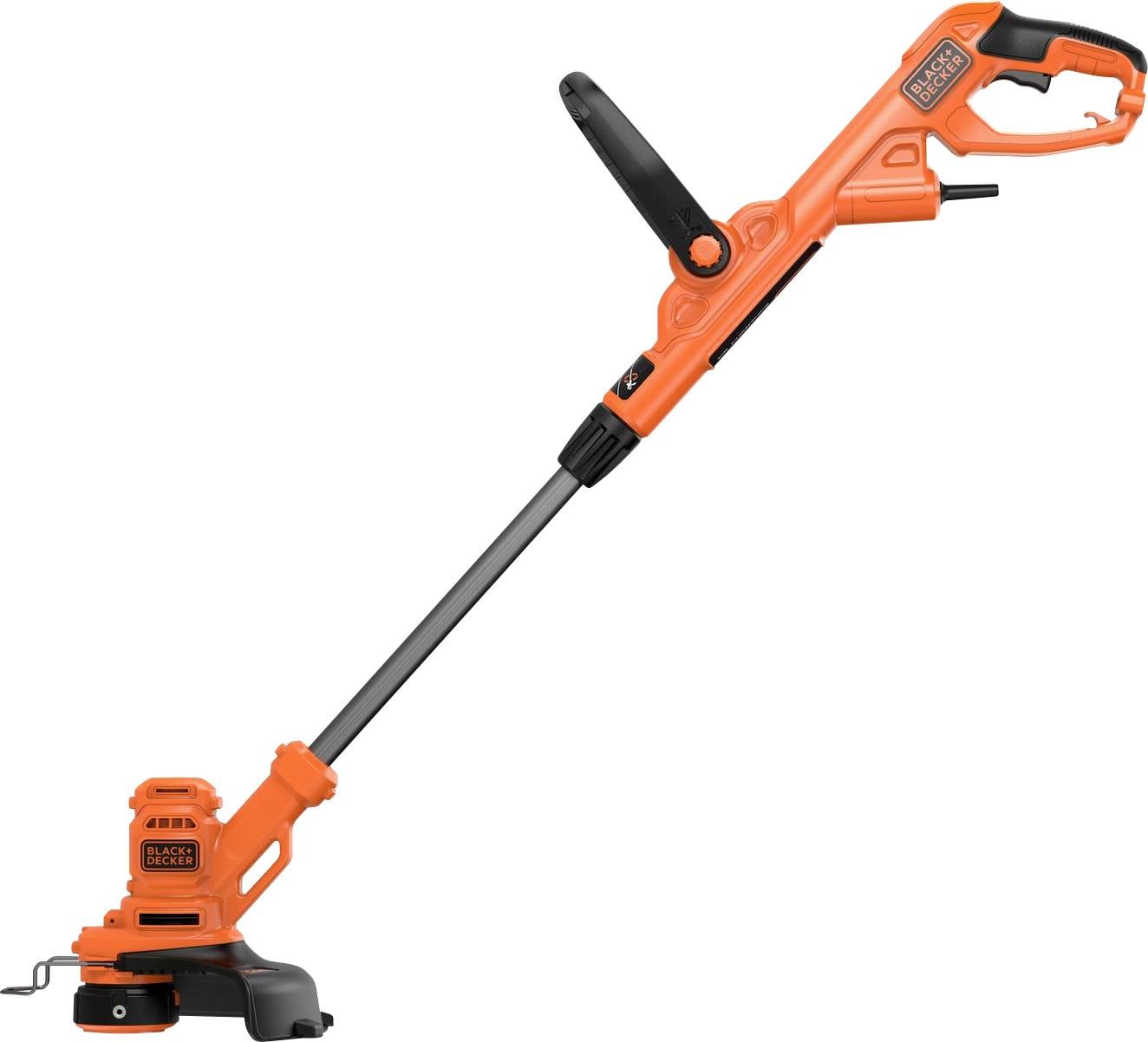 Oranžový a černý elektrický strunový trimmer s nastavitelným madlem a řezací hlavicí, určený pro údržbu trávníku a zahrady.
