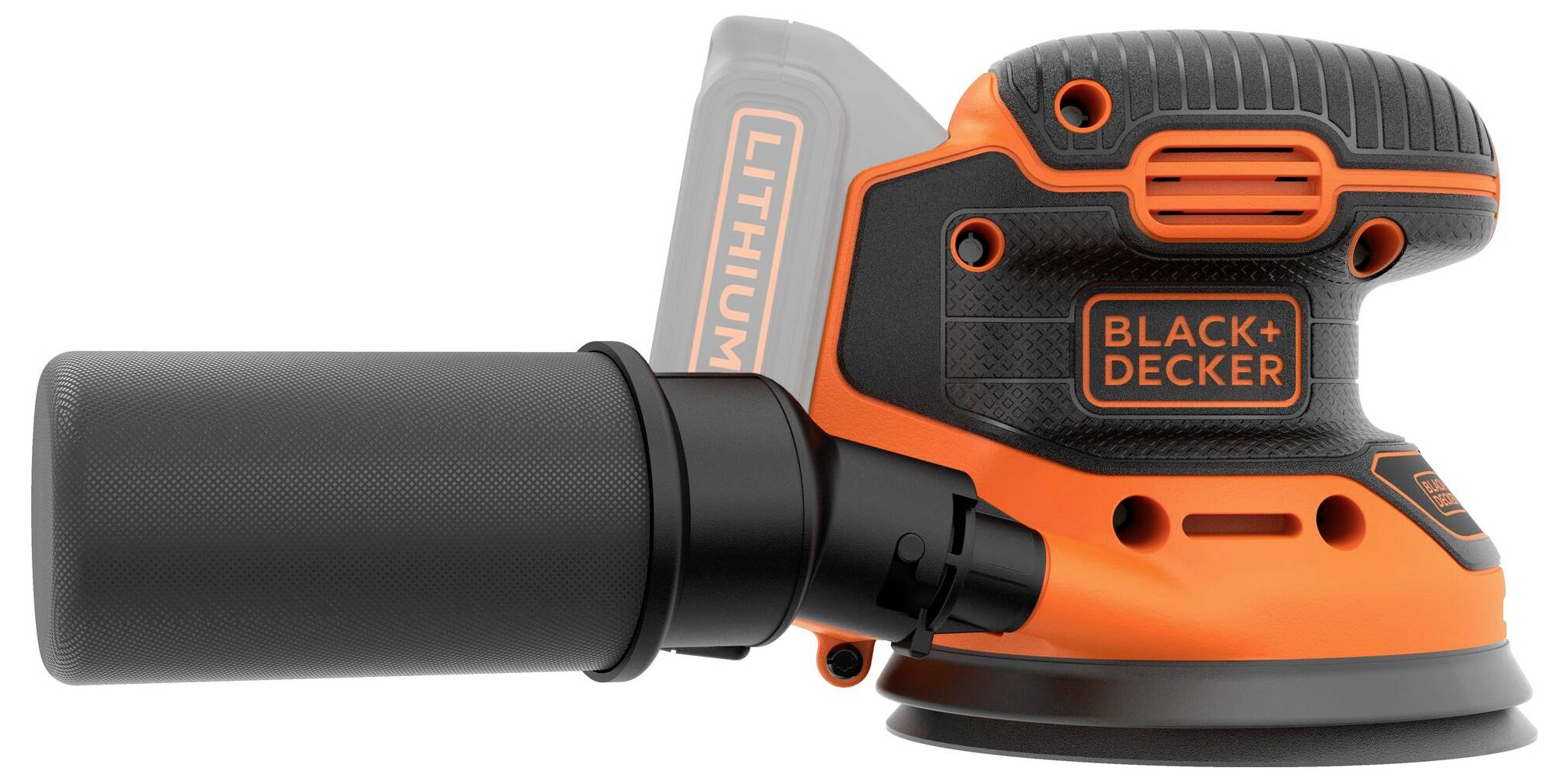 Černožlutý lithiový excentrický bruska Black+Decker v černé a oranžové barvě s kompaktním designem a připojeným zásobníkem na sběr prachu.