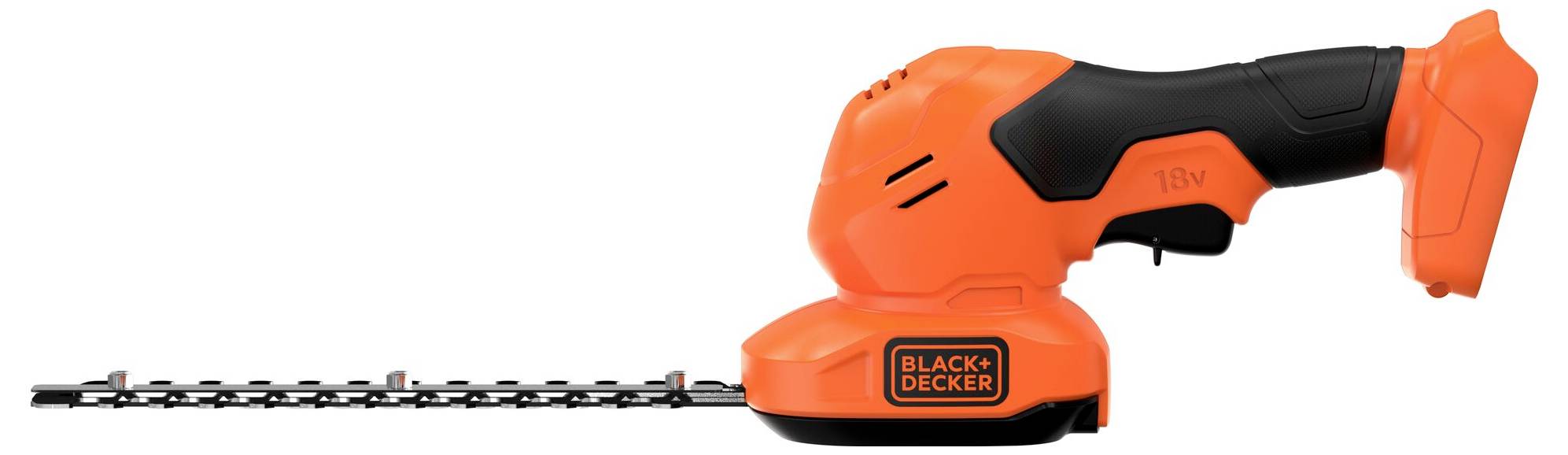 Bezdrátový strojek na živé ploty oranžové a černé barvy od značky Black+Decker s kompaktním designem a duálními ocelovými čepelemi pro efektivní stříhání.