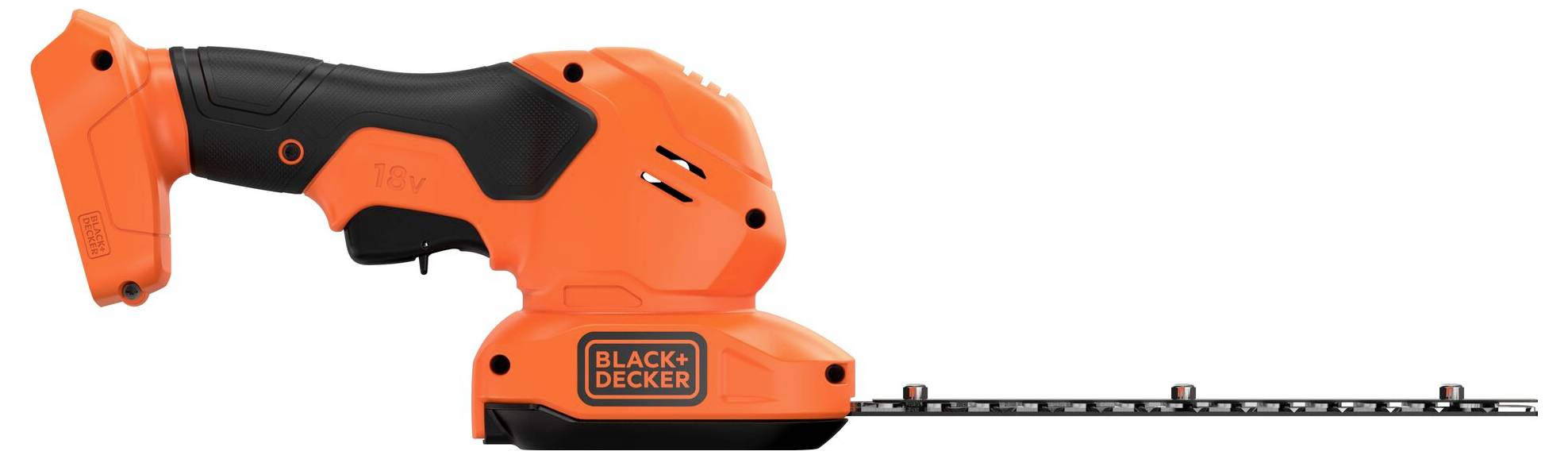 Oranžový a černý bezdrátový plotový nůžky s horizontální čepelí. Rukojeť je ergonomická a je viditelná značka "Black+Decker".