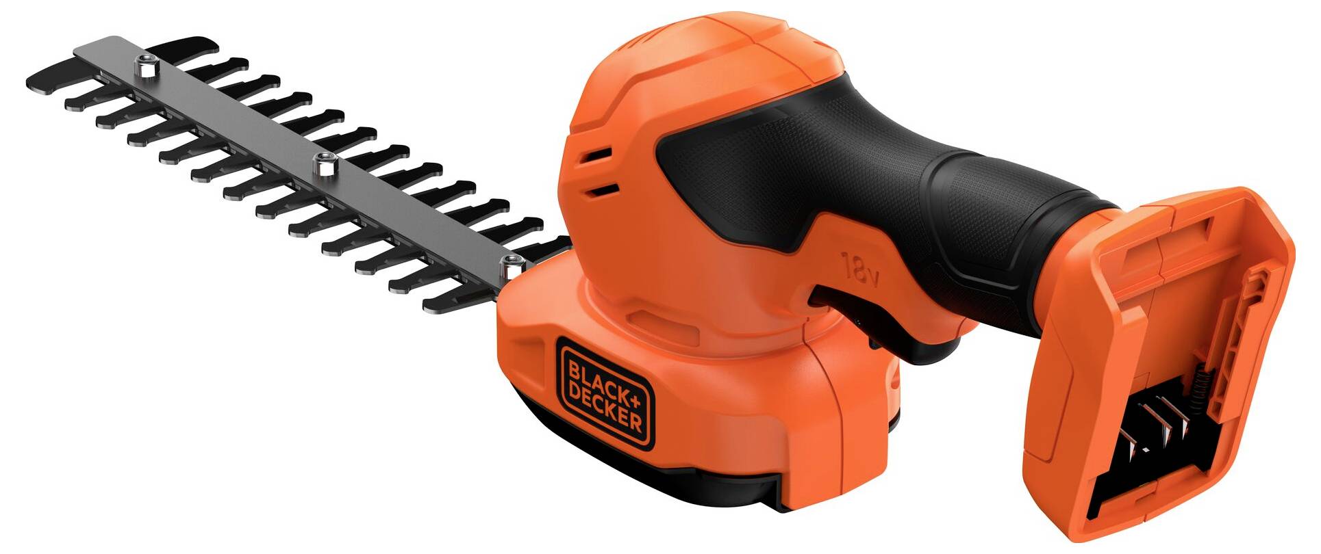 Oranžový a černý ruční zastřihávač živého plotu od společnosti Black & Decker, vybavený dvojčinným ostřím a ergonomickým designem pro efektivní střihání zahradních živých plotů.