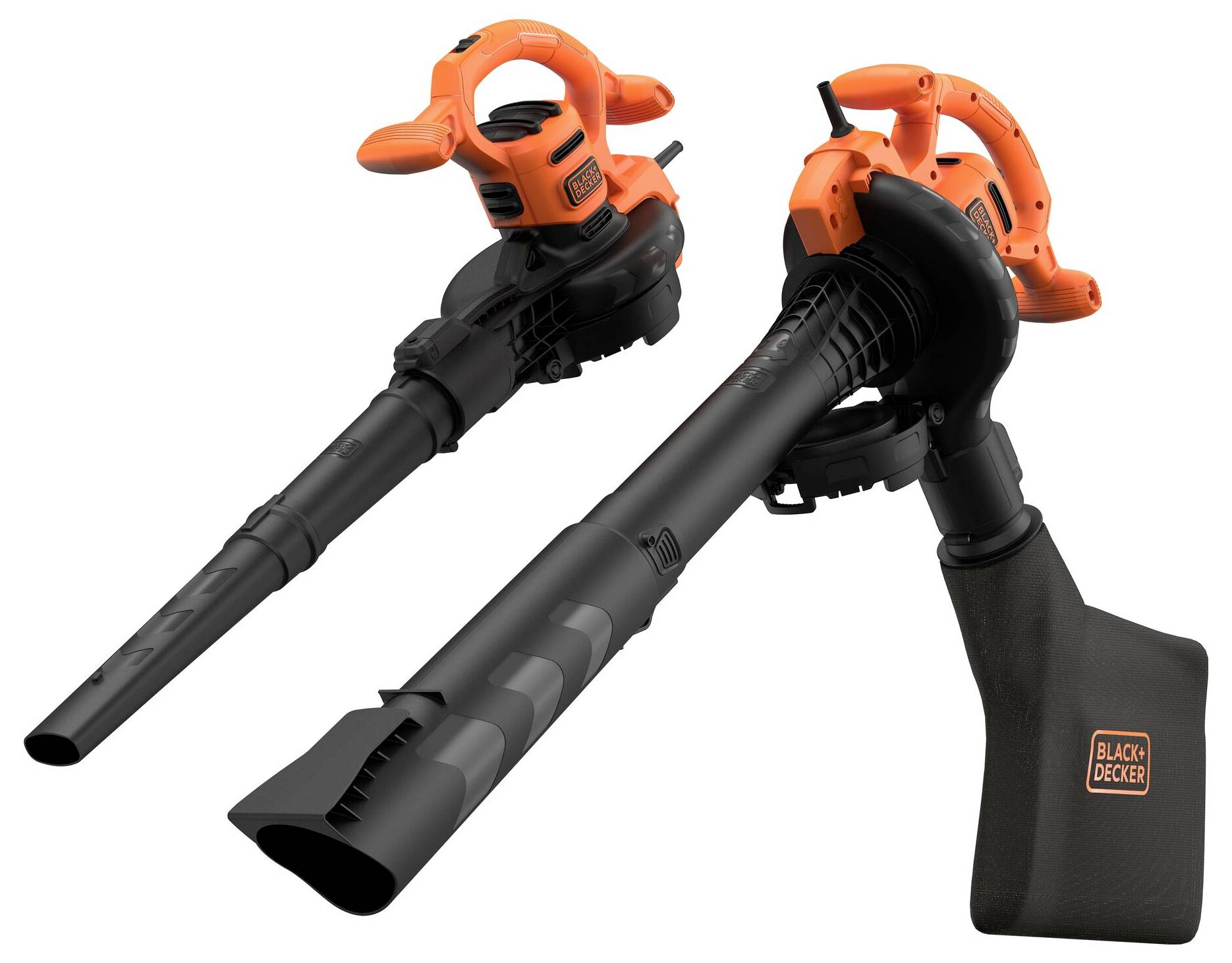 Black+Decker foukač listí a vysavač; dva pohledy ukazující oranžové a černé nářadí s odnímatelnou trubicí a sbíracím pytlem.