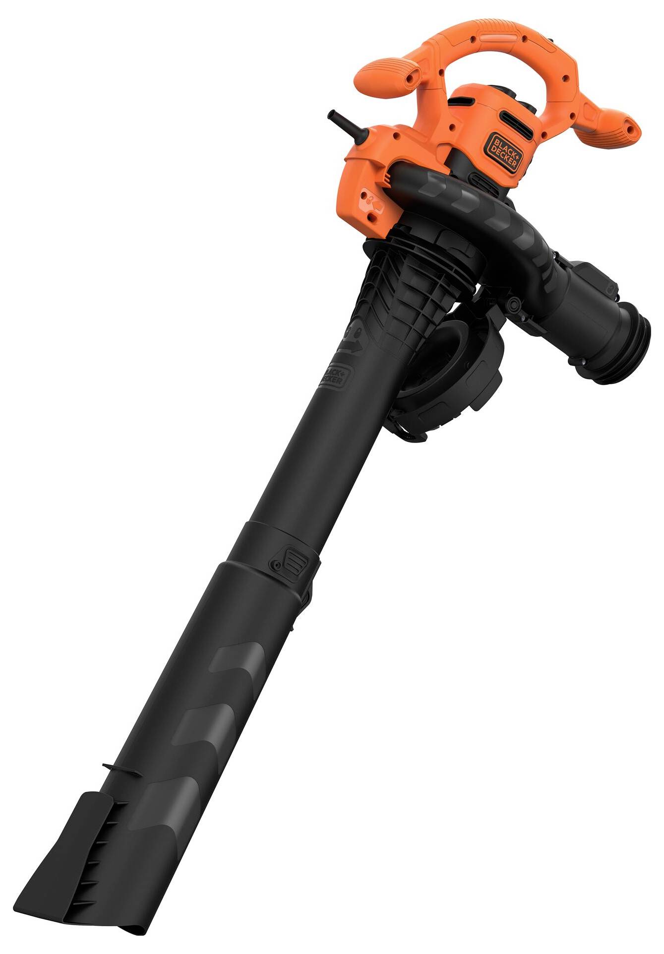 Oranžový a černý ruční foukač na listí s dlouhým hubicí, určený na venkovní čištění.
