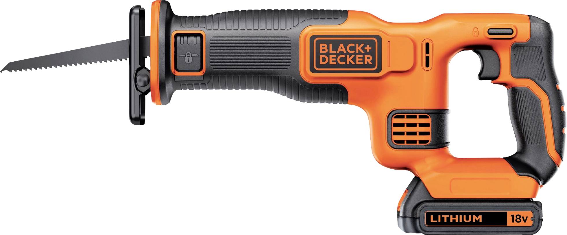 Bezdrátová pilka na chvění Black+Decker s oranžově a černě lakovanou skříní poháněná 18V lithiovou baterií.