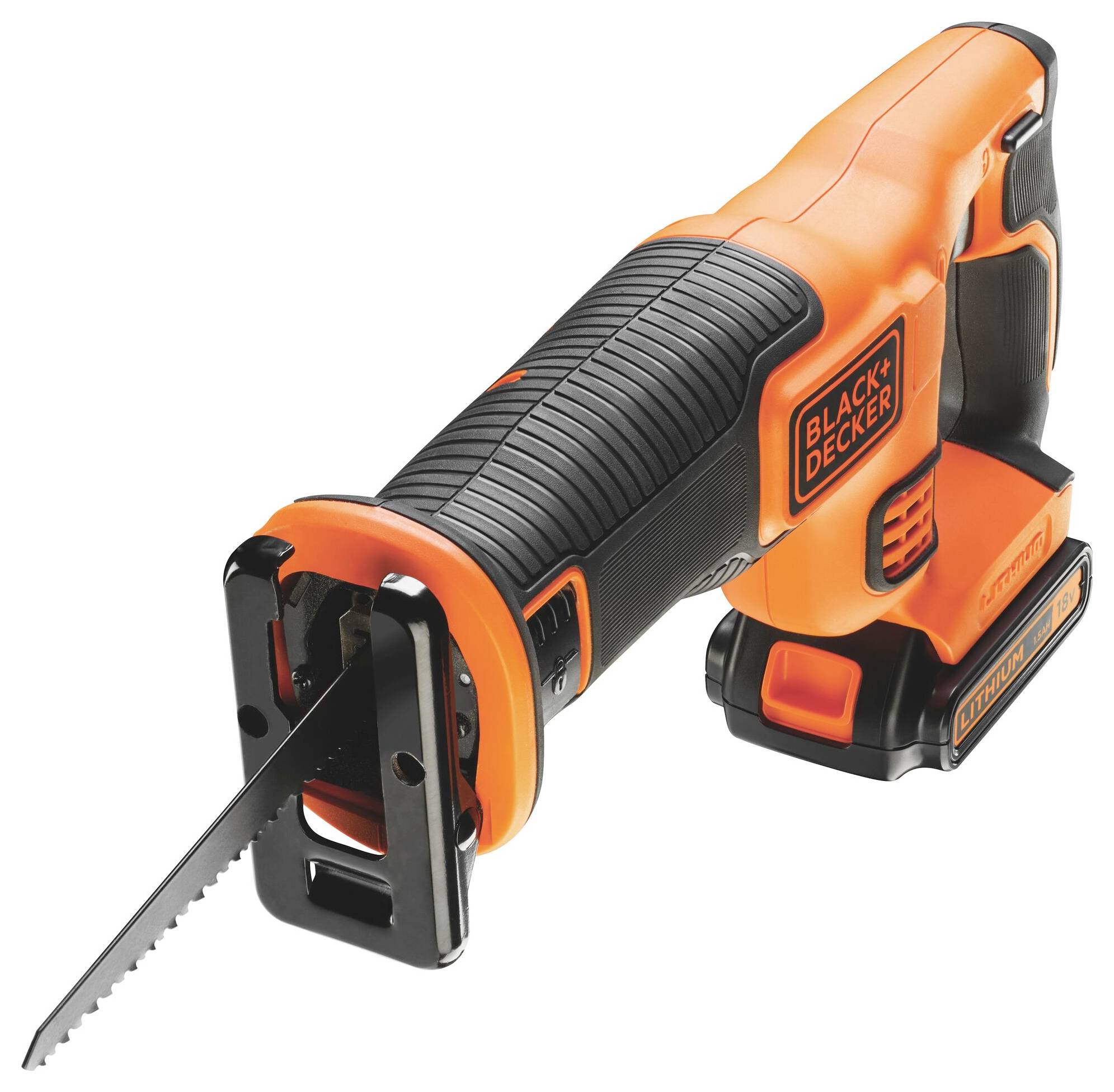Oranžová a černá pila na kov s viditelným listem, která má na boku logo "Black & Decker", určená pro řezání.