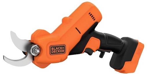 Oranžové a černé elektrické zahradní nůžky s ostrým zakřiveným listem značky 'Black+Decker'. Navržené pro snadné střihání v zahradě.