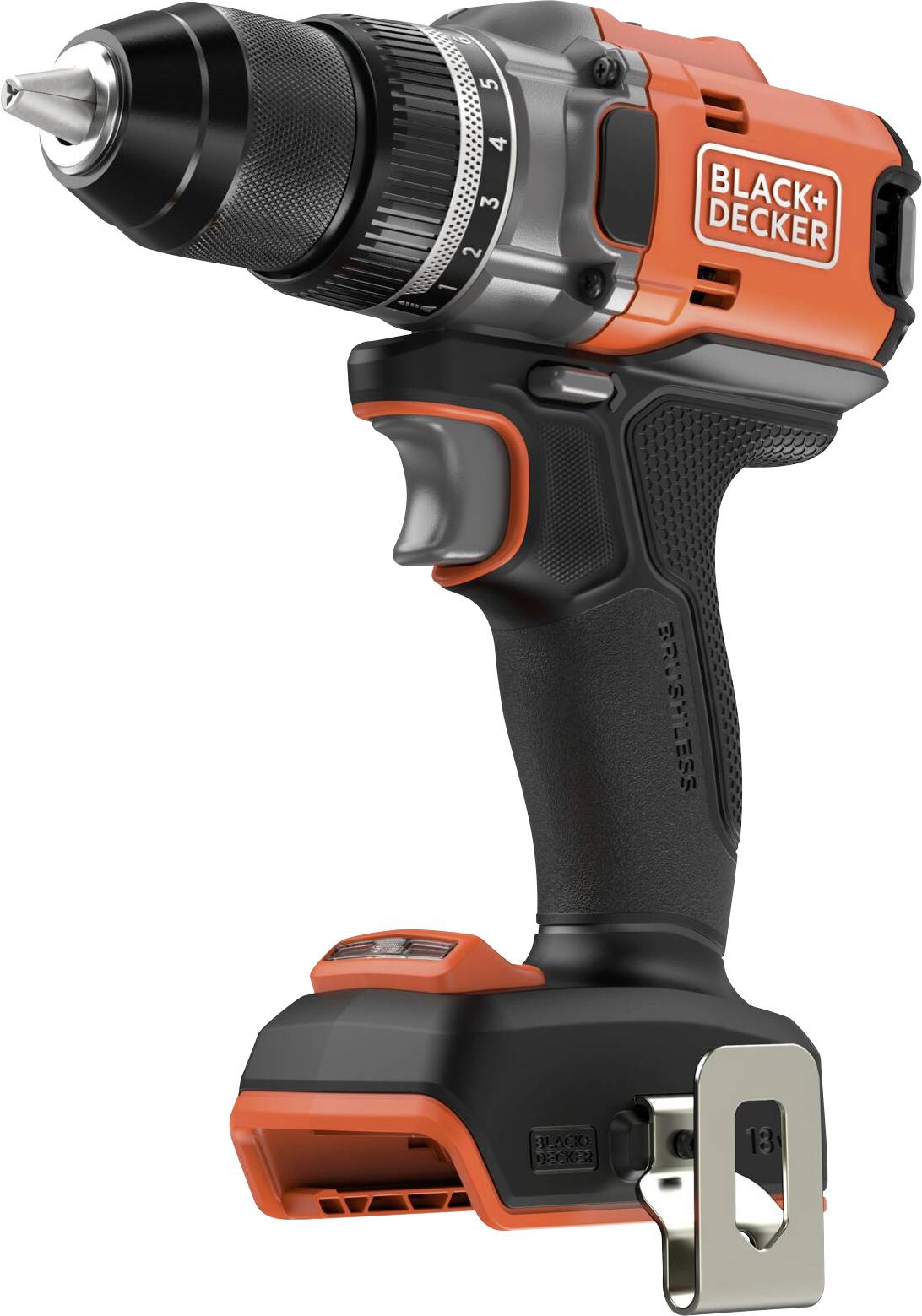 Bezdrátová vrtačka s černooranžovým designem, vybavená kovovou sklíčidlem a otáčkovým regulátorem, s značkou Black+Decker.