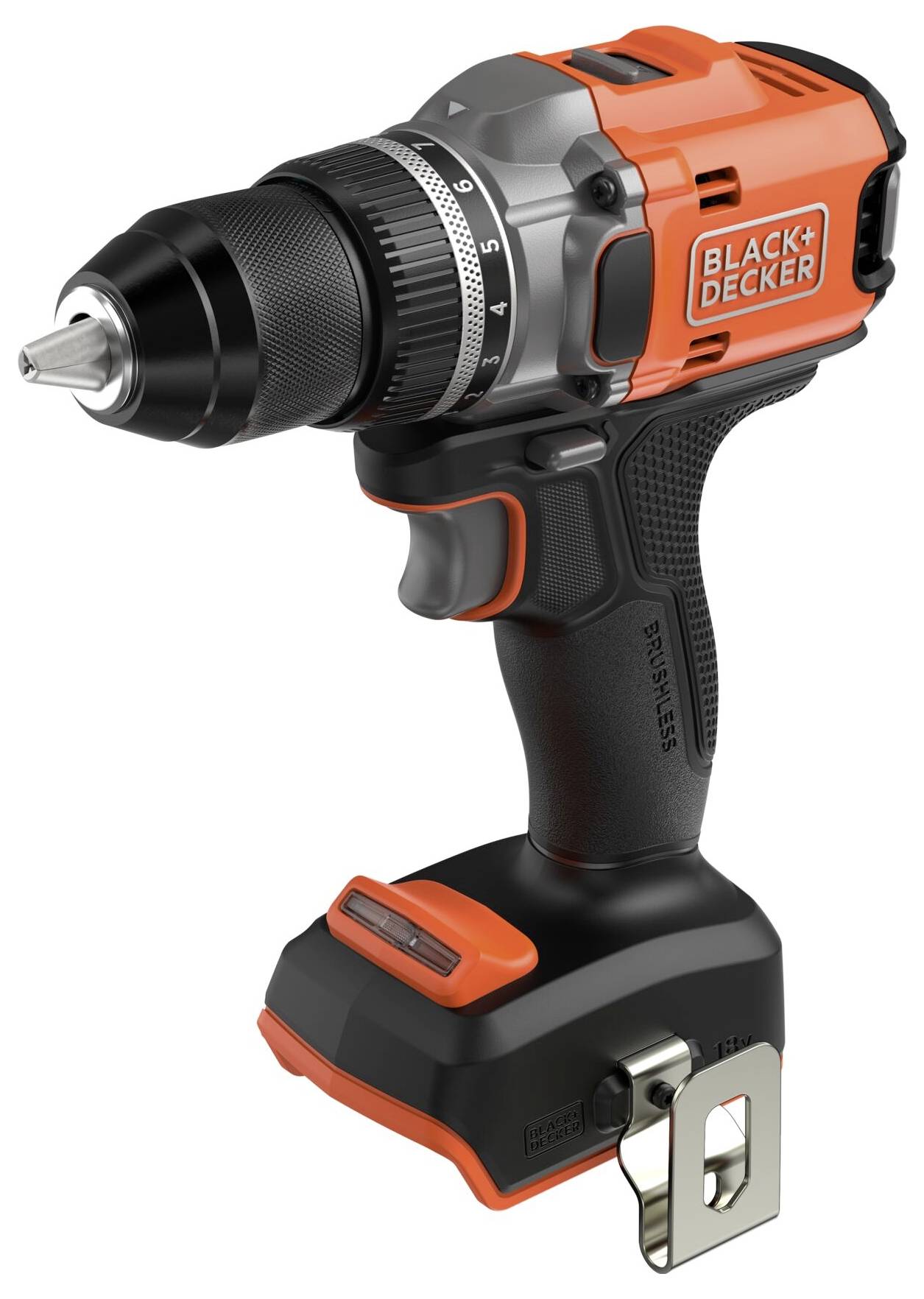 Bezdrátový černo-oranžový vrtací vrták s kovovou sklíčidlem a ergonomickým úchopem, opatřený logem "BLACK+DECKER" na straně.