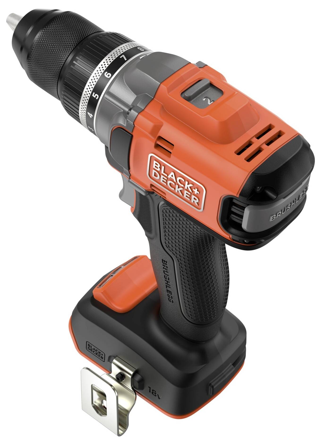Oranžovo-černá bezdrátová vrtačka od společnosti 'Black + Decker', která má ruční úchop, držák vrtáku a bateriový blok u základny.
