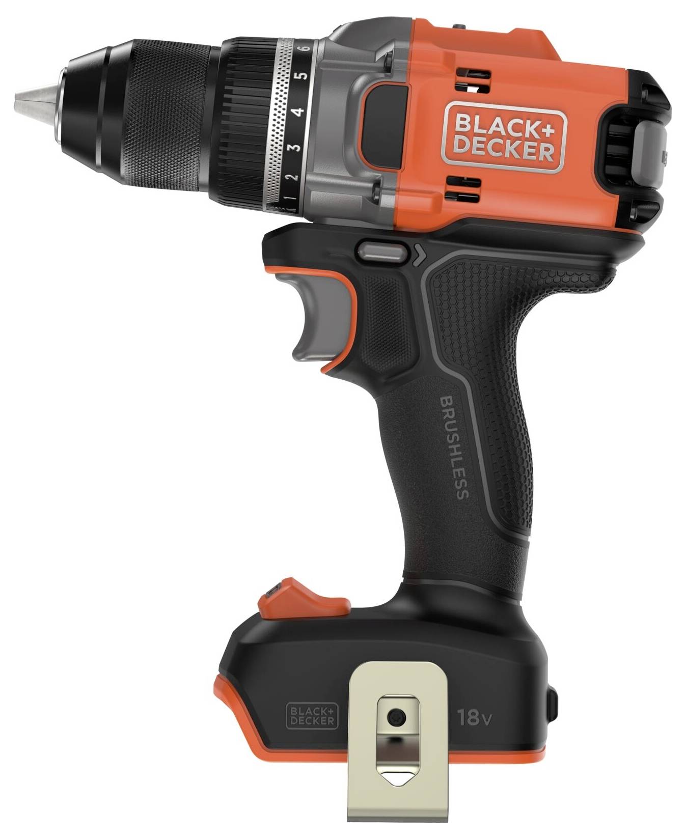 Bezdrátová vrtačka 'Black+Decker' s 18V baterií, design v černé a oranžové barvě, pohled ze strany.