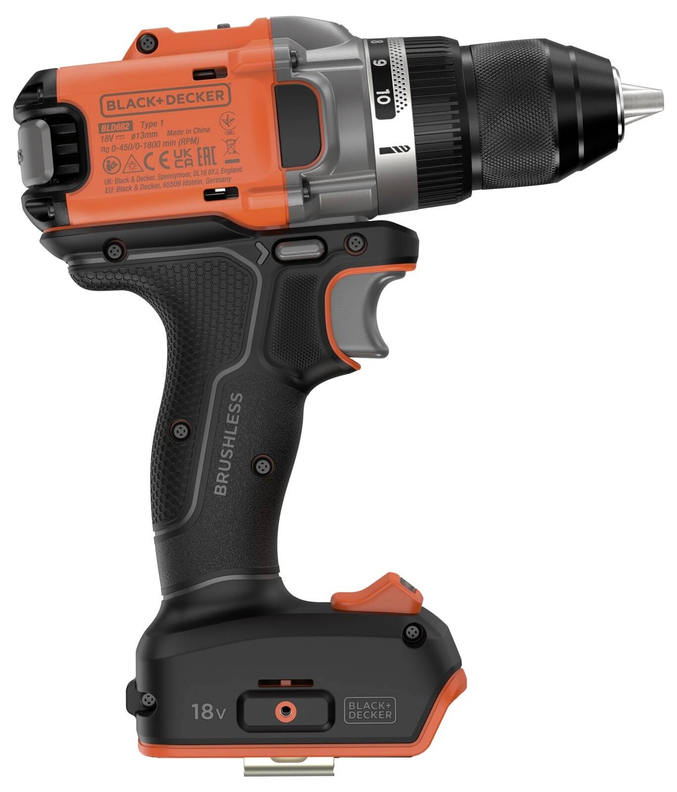 Černomodrá bezdrátová vrtačka Black+Decker s bezkartáčovým motorem, na které jsou vidět rukojeť se spouští, pozice baterie a sklíčidlo.