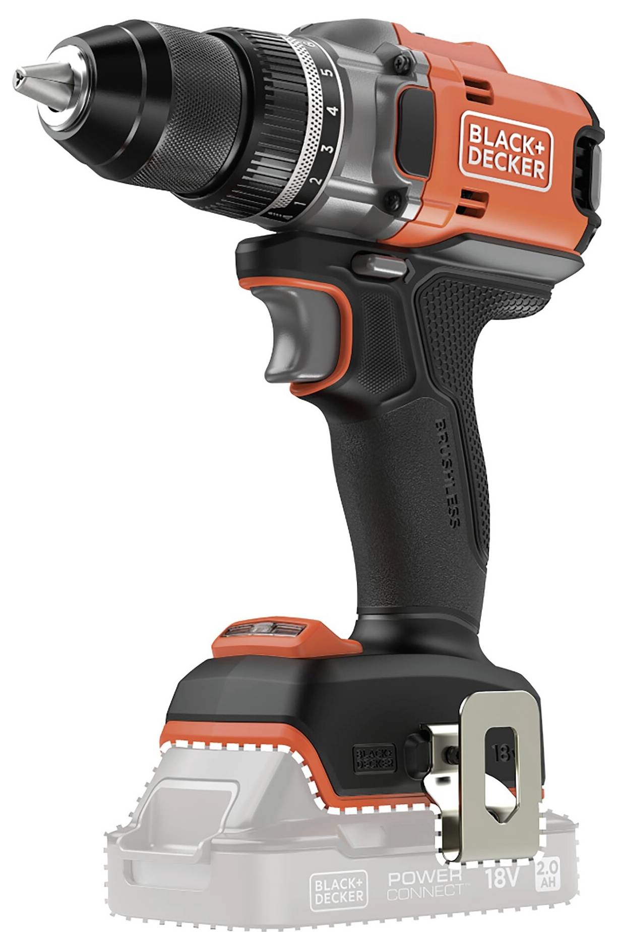 Vrtačka Black and Decker na baterie s černou rukojetí, oranžovo-černým tělem a stříbrným vrtákem. Zvýrazněna je baterie 18V.