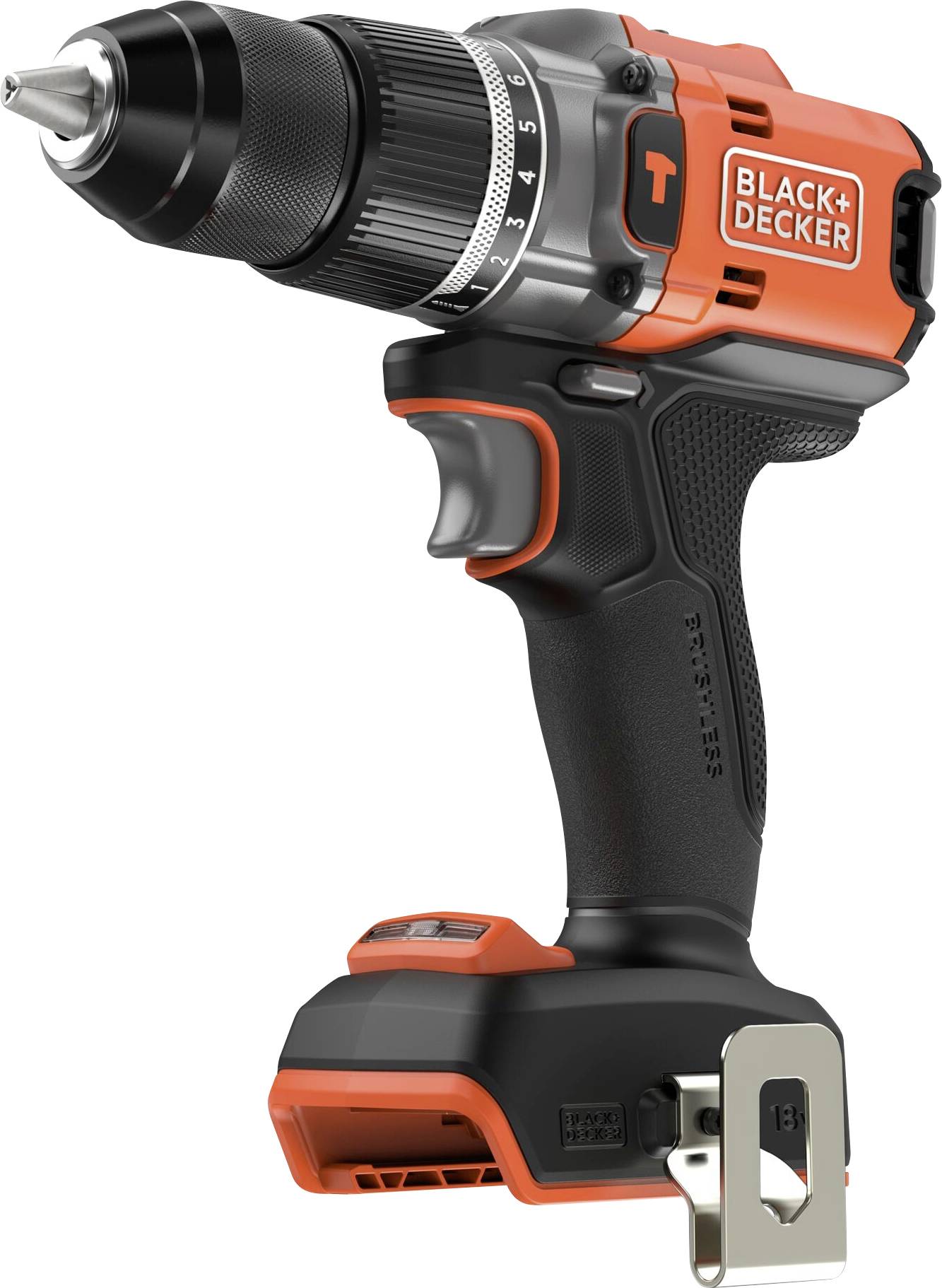 Oranžovo-černá bezšňůrová vrtačka Black+Decker s kovovým vrtákem, vybavená rukojetí a bateriovou jednotkou připevněnou na spodu.