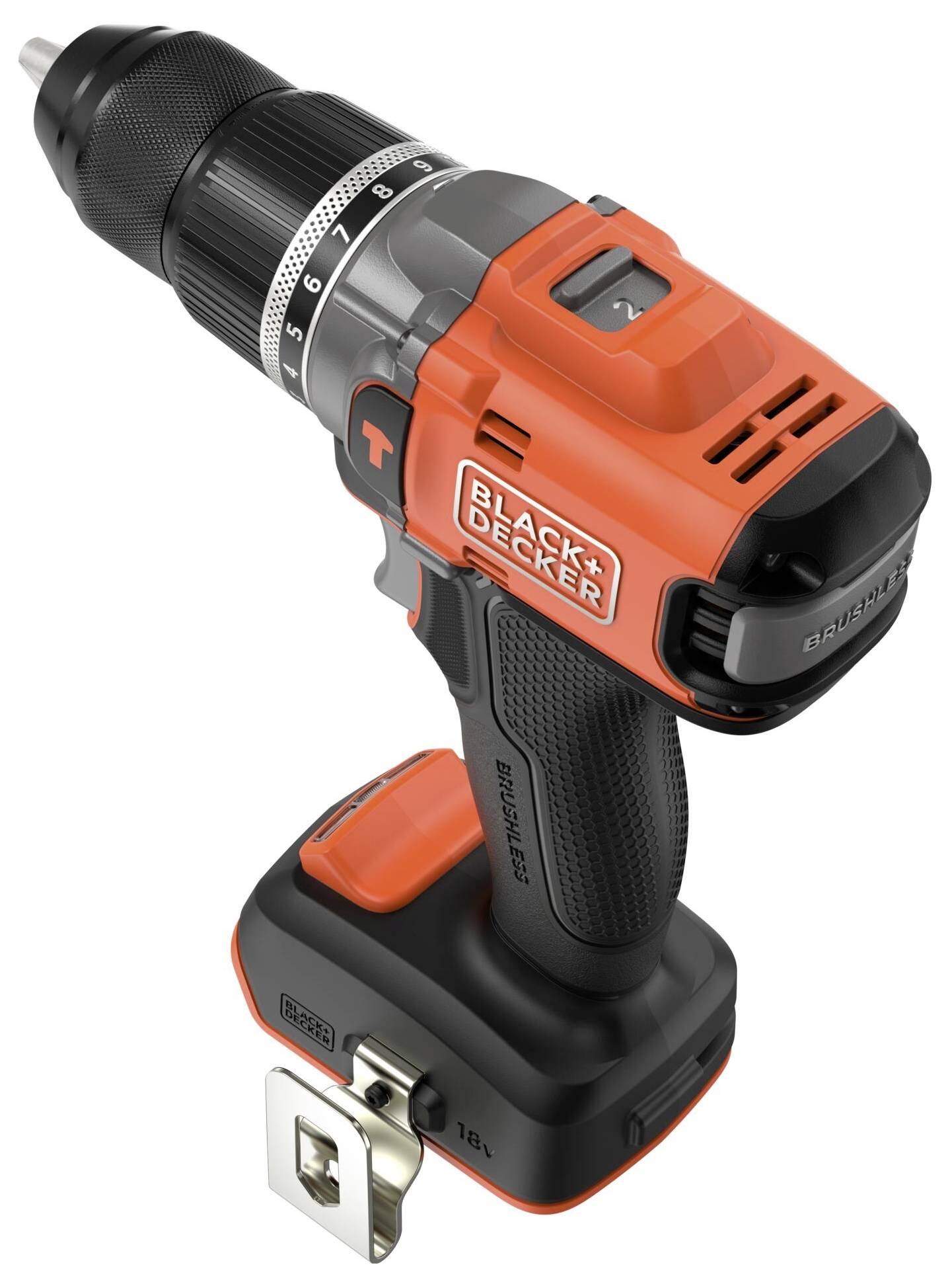 Bezdrátová vrtačka s oranžovo-černým designem, označená "BLACK+DECKER". Má ergonomickou rukojeť, spouště a nastavitelné funkce vrtání.