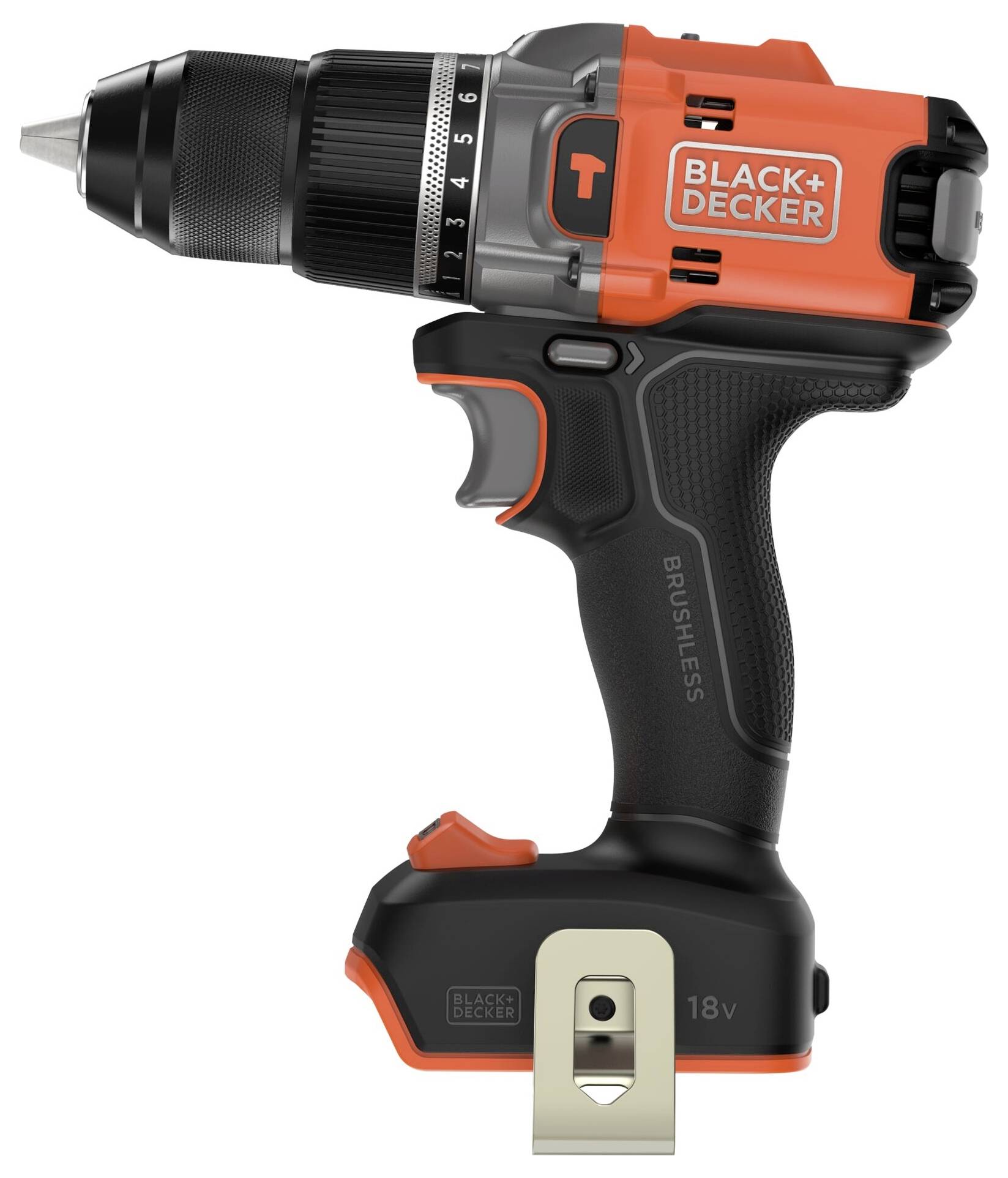 Bezdrátová vrtačka Black+Decker s napětím 18V, zobrazená ze strany s černooranžovým designem a kovovou vrtnými bity.