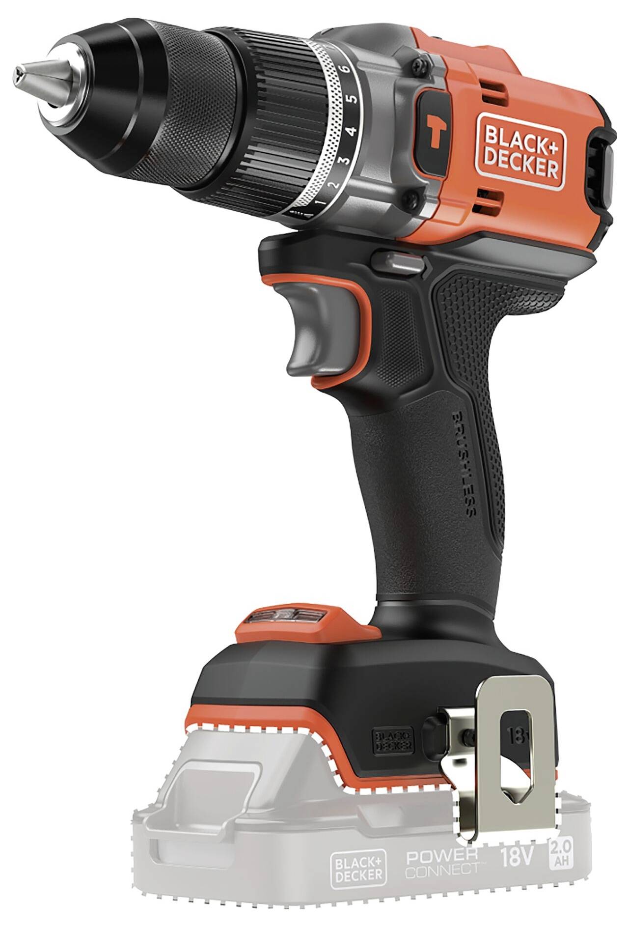 Červeno-černá bezdrátová vrtačka s kovovou hlavicí, označená „Black+Decker", prezentující základnu baterie 18V.