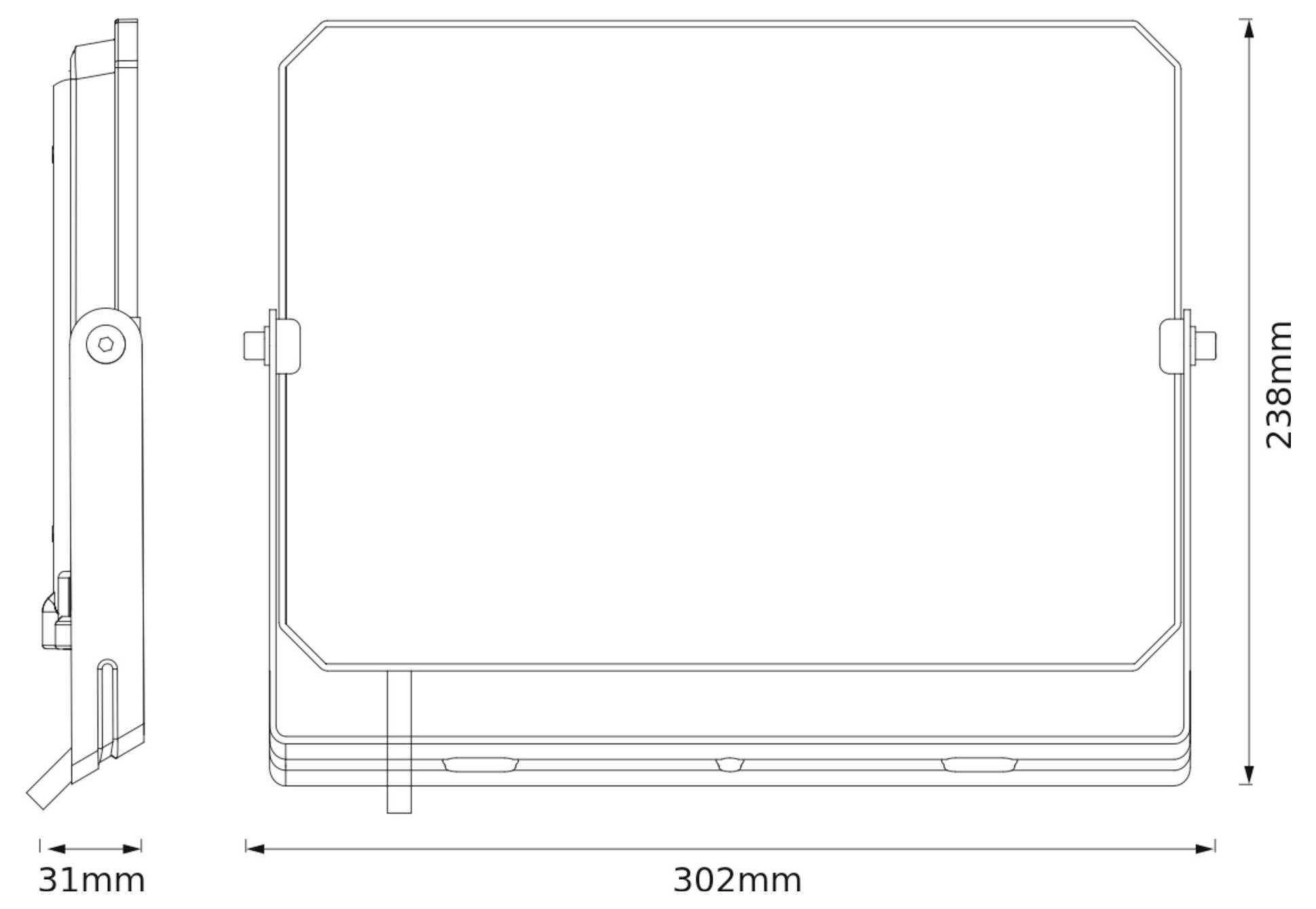Technický výkres obdélníkového zařízení, rozměry: 302 mm šířka, 238 mm výška, 31 mm hloubka, se bočním závěsem.