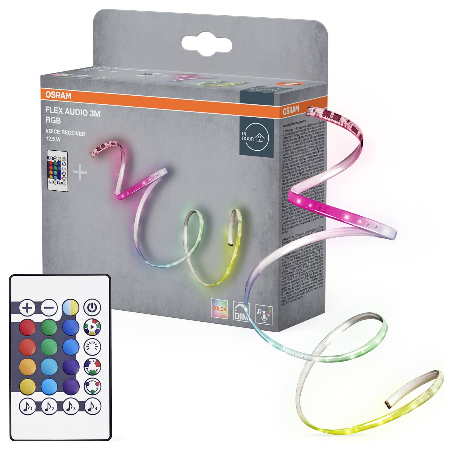 Krabice s Osram Flex Audio 3M RGB LED páskem osvětlení s dálkovým ovladačem. LED pásek je zobrazen vyzařující barevná světla.
