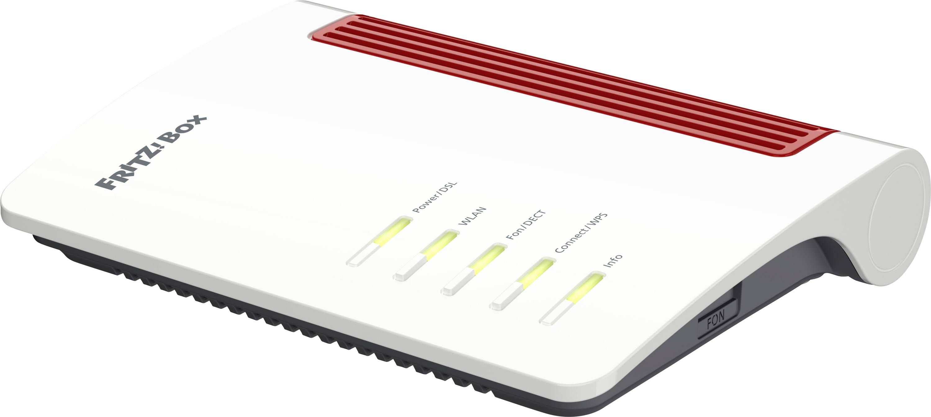 Bílý, hranatý Wi-Fi router se čtyřmi indikačními diody zobrazujícími stav napájení, DSL, Wi-Fi a připojení, značky 'FRITZ!Box'.