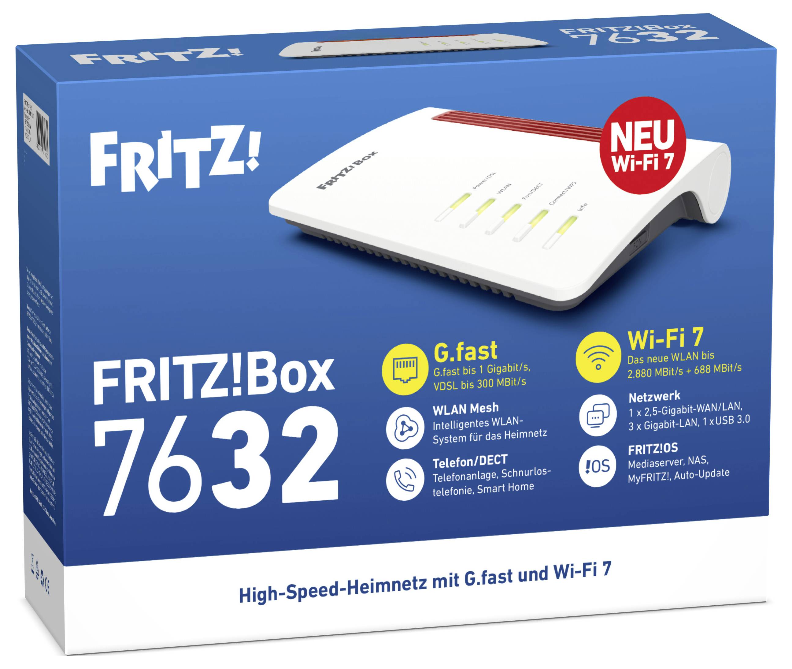 Balení routeru 'FRITZ!Box 7632' zobrazující funkce vysokorychlostního internetu: G.fast, Wi-Fi 7, mesh networking a možnosti připojení.