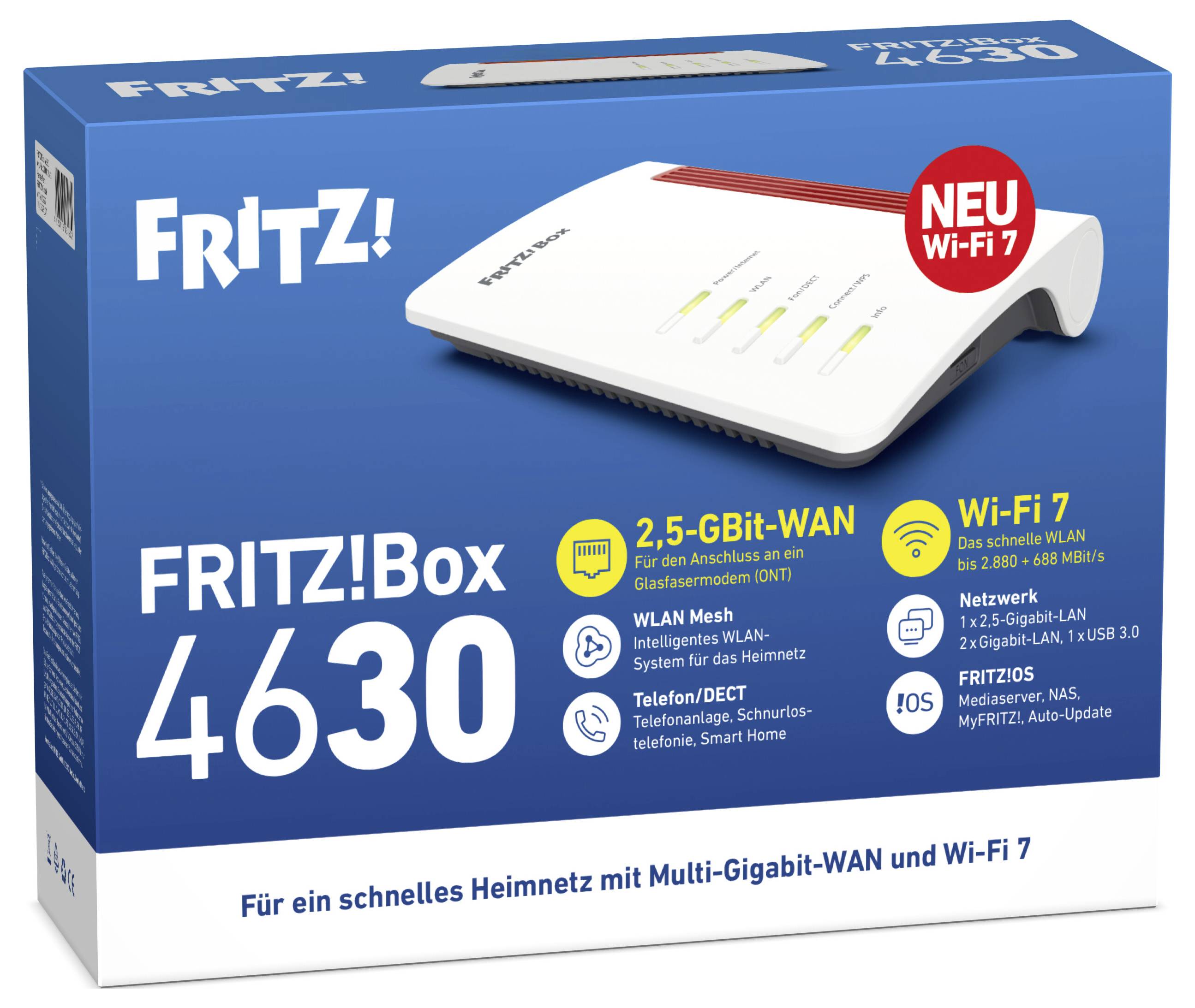 Balení „FRITZ!Box 4630" s moderním routerem v bílém designu propaguje funkce „2,5-GBit-WAN", „Wi-Fi 7" a „Mesh" pro rychlou domácí síť.