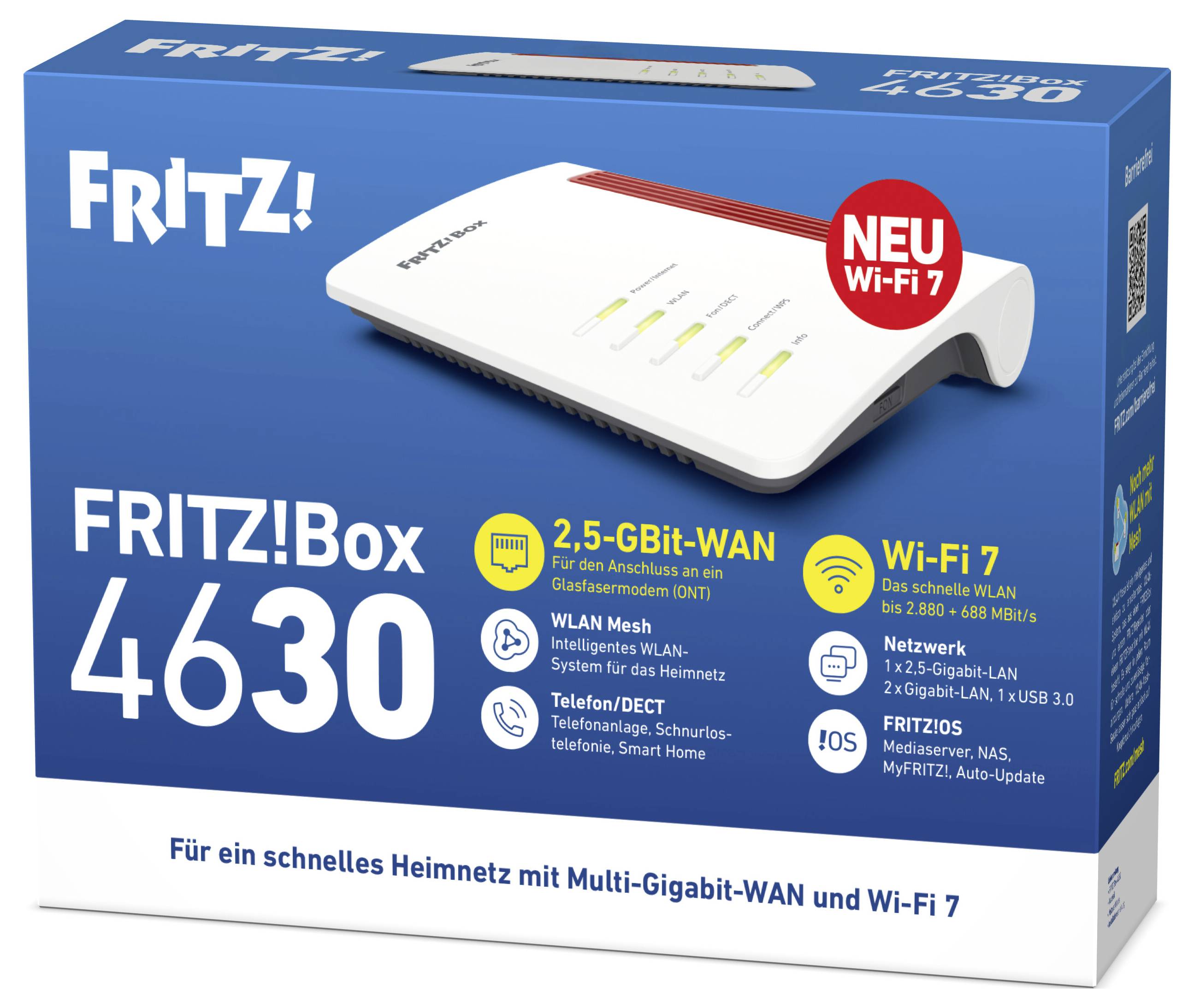 Obrázek zobrazuje modrou krabici s bílo-červeným Wi-Fi routerem označeným "FRITZ!Box 4630". Funkce zahrnují Wi-Fi 7, 2,5GBit WAN a technologii mesh.