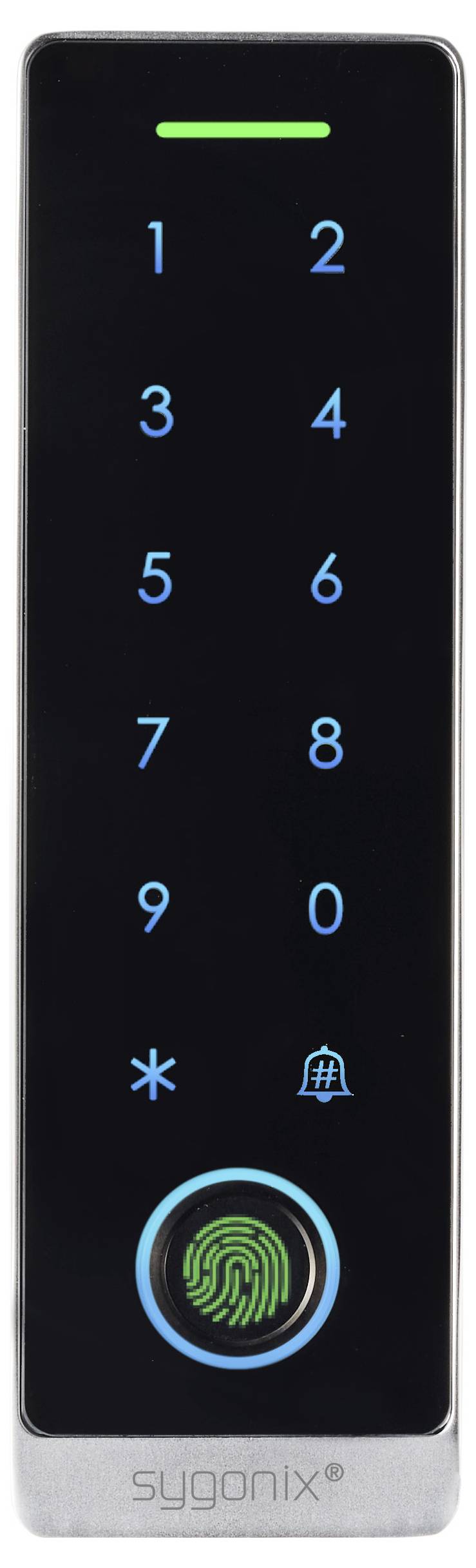 Přístupová klávesnice ve stylu chytrého telefonu s čísly 0–9, ikonami hvězdičky a zvonku a zeleným tlačítkem skeneru otisků prstů na dně.