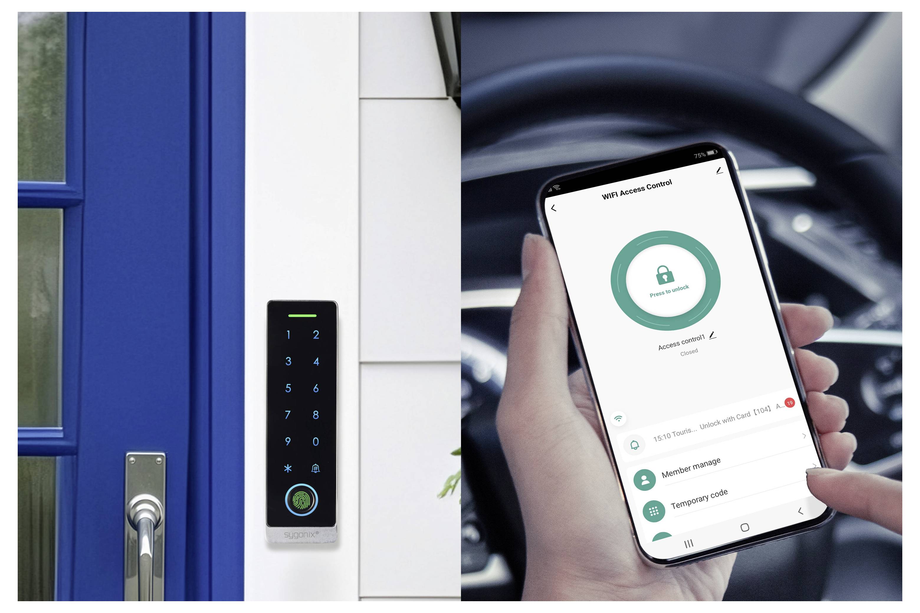 Chytrý zámek na dveřích vedle modrých vstupních dveří a telefon zobrazující aplikaci pro vzdálené ovládání zámku s centrálním tlačítkem stavu zámku.