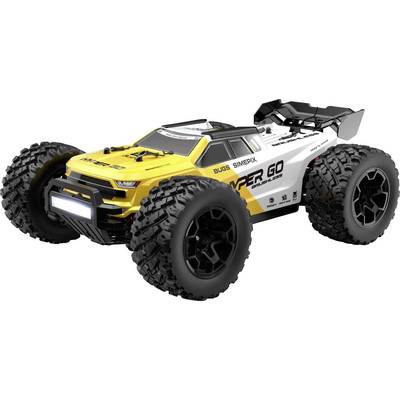 Žluto-bílý terénní dálkově ovládaný buggy s velkými hrbolatými pneumatikami, zadním křídlem a značkou "Hyper Go" na bílém pozadí.