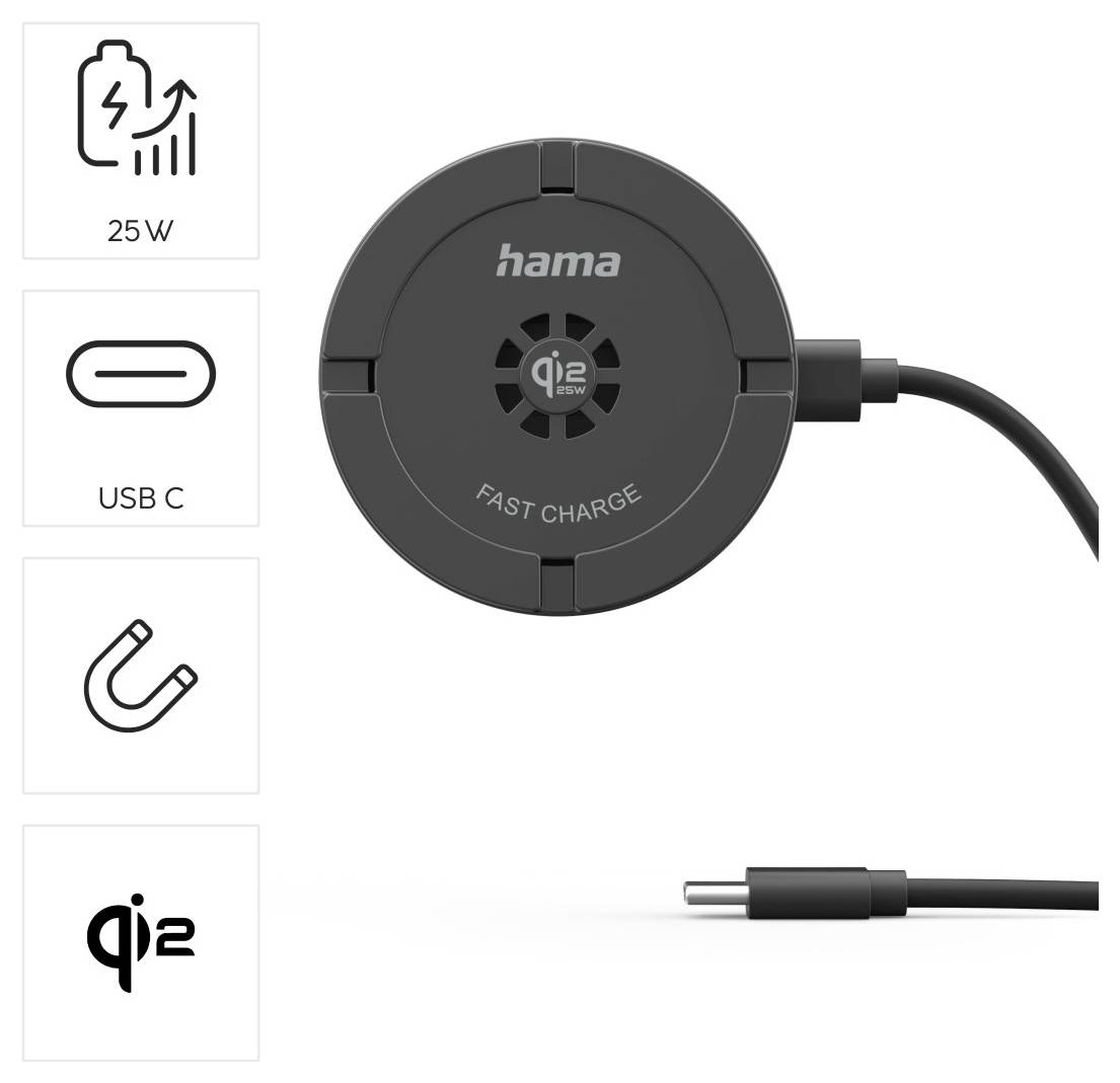 Kulatá bezdrátová nabíječka s označením "hama" s nápisem "qi2 fast charge", vybavená portem USB-C a ikonou výkonu 25W.