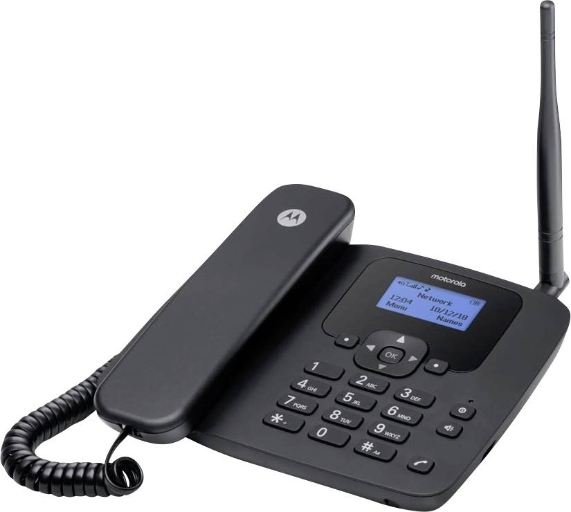 Bezdrátový stolní telefon s krouceným kabelem sluchátka, digitálním displejem zobrazujícím datum a čas, číselnou klávesnicí a vysokou anténou.