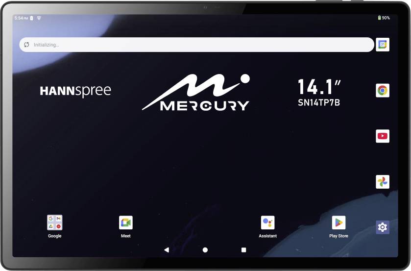 Domovská obrazovka tabletu zobrazující „Inicializace...", značka „Hannspree", model „Mercury", velikost obrazovky „14,1 palce" a různé ikony aplikací.