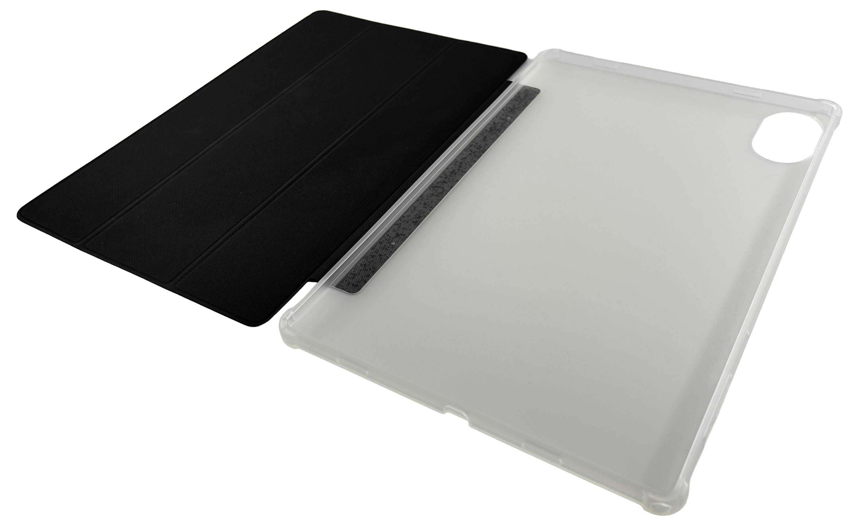 Pouzdro na tablet s černým krytem a průhledným zády, zobrazené otevřené a mírně sklopené.