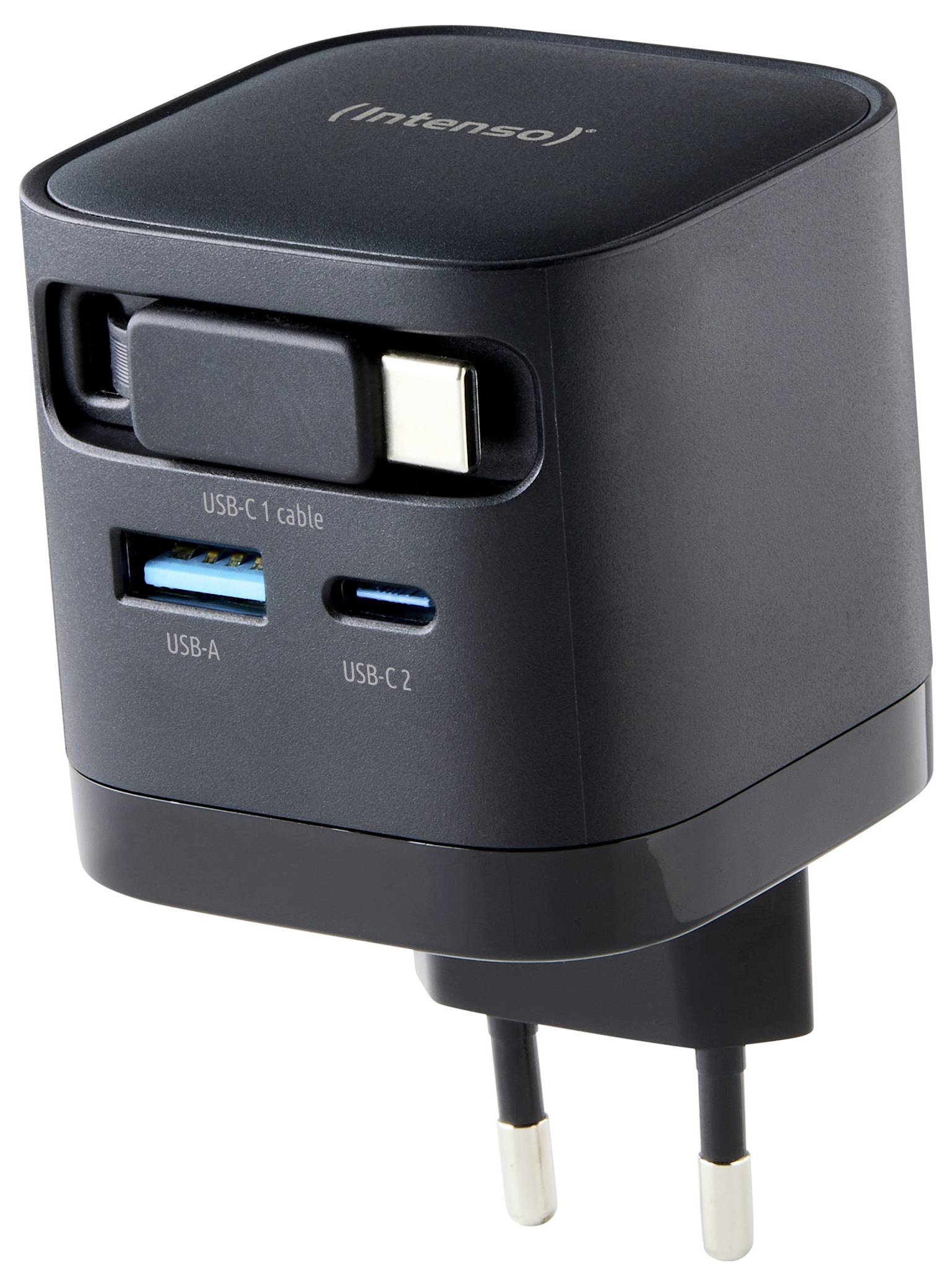Černá nástěnná nabíječka se dvěma kolíky obsahuje port USB-A, port USB-C a připojený kabel USB-C.