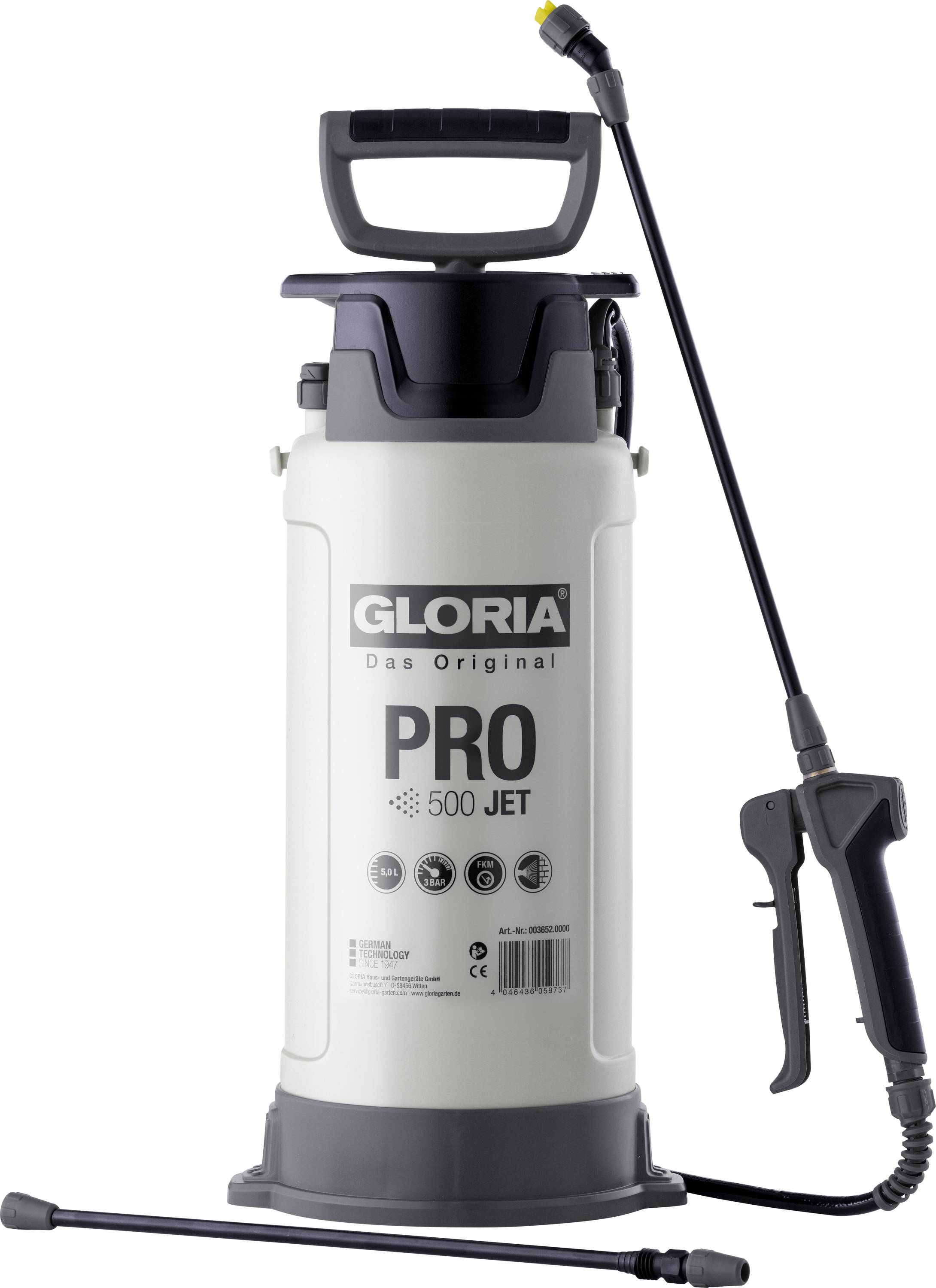 Velký, bílý, válcový rozprašovač označený "GLORIA PRO 500 JET" se rukojetí, manuálním čerpadlem a hadicí se připojenou rozprašovací hubicí.