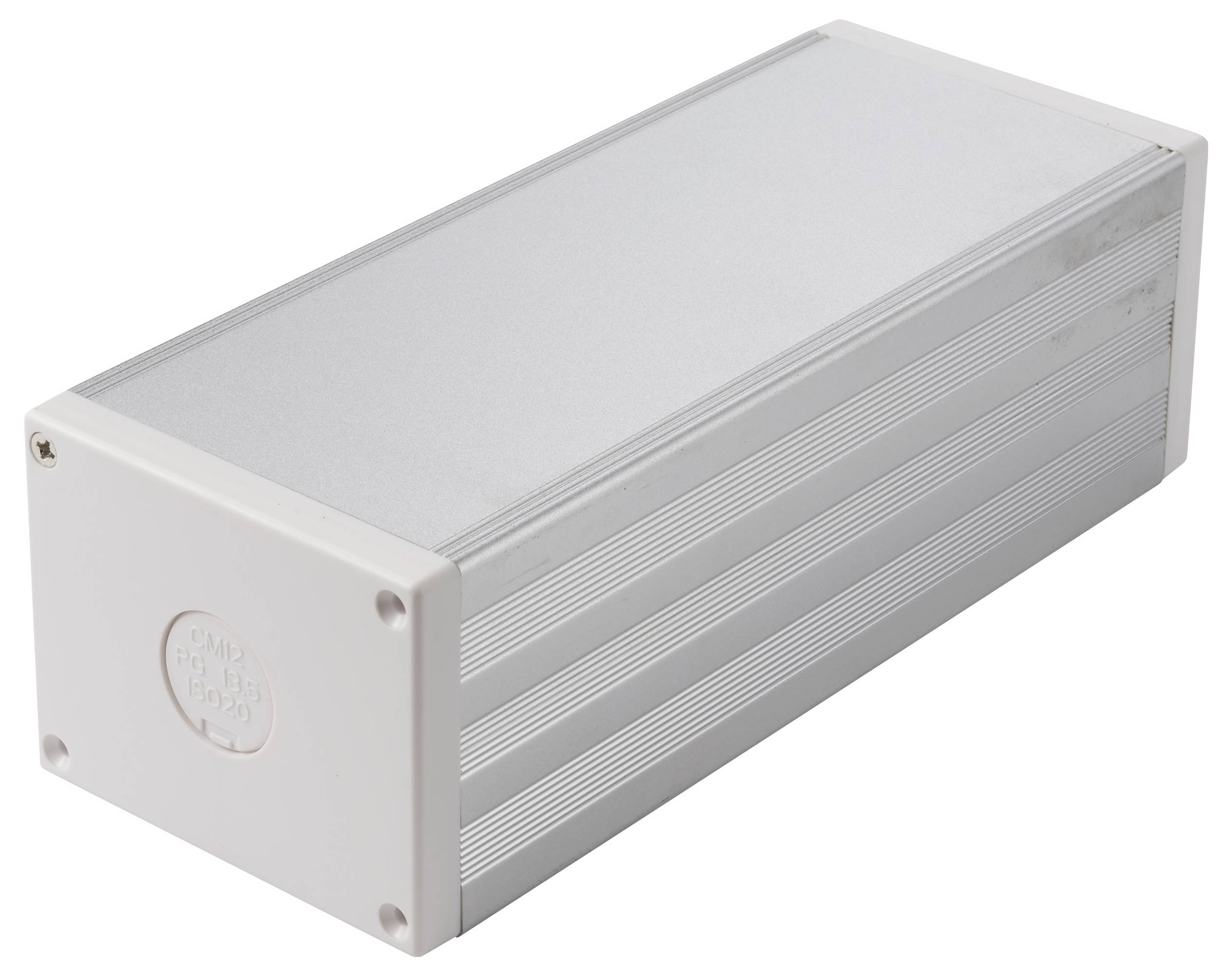 Stříbrný obdélníkový hliníkový kryt elektroniky s plochým víkem a čelními deskami, zobrazený na bílém pozadí.