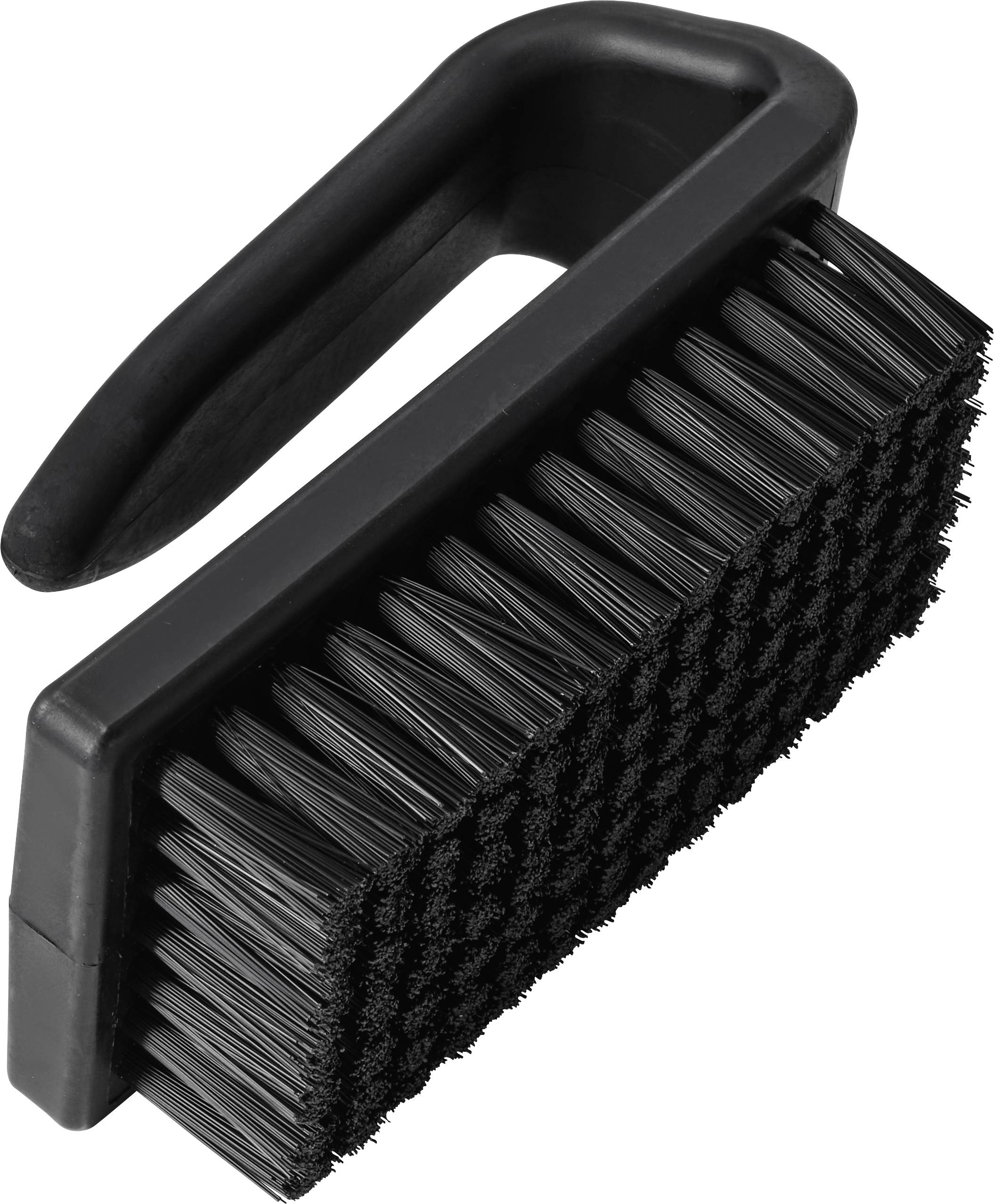 Černý ruční kartáč na čištění s velkým ergonomickým madlem a hustými štětinami, zobrazen na bílém pozadí.