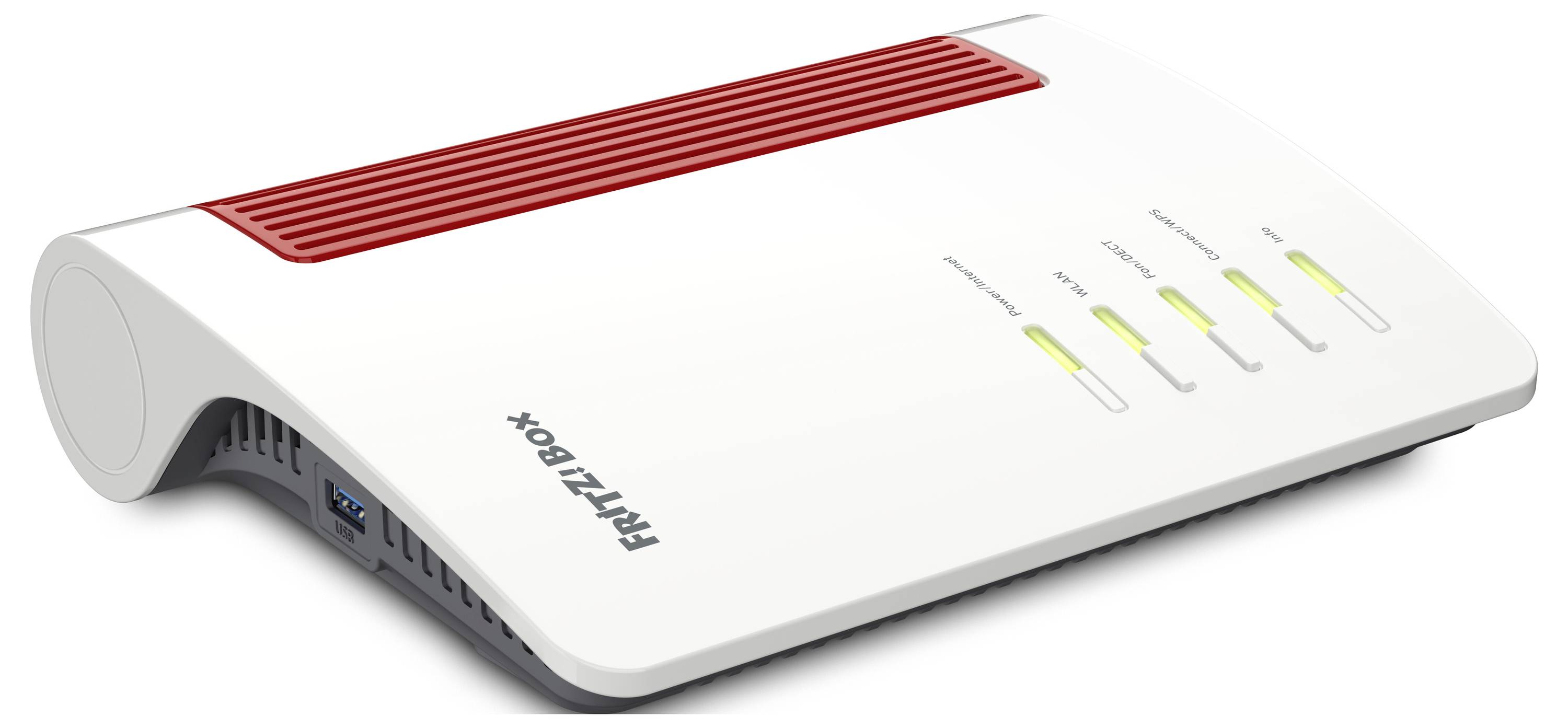 Bílý FRITZ!Box router s červenými akcenty, na pravé straně vybavený více stavovými kontrolkami a větrací mřížkou na horní levé straně.