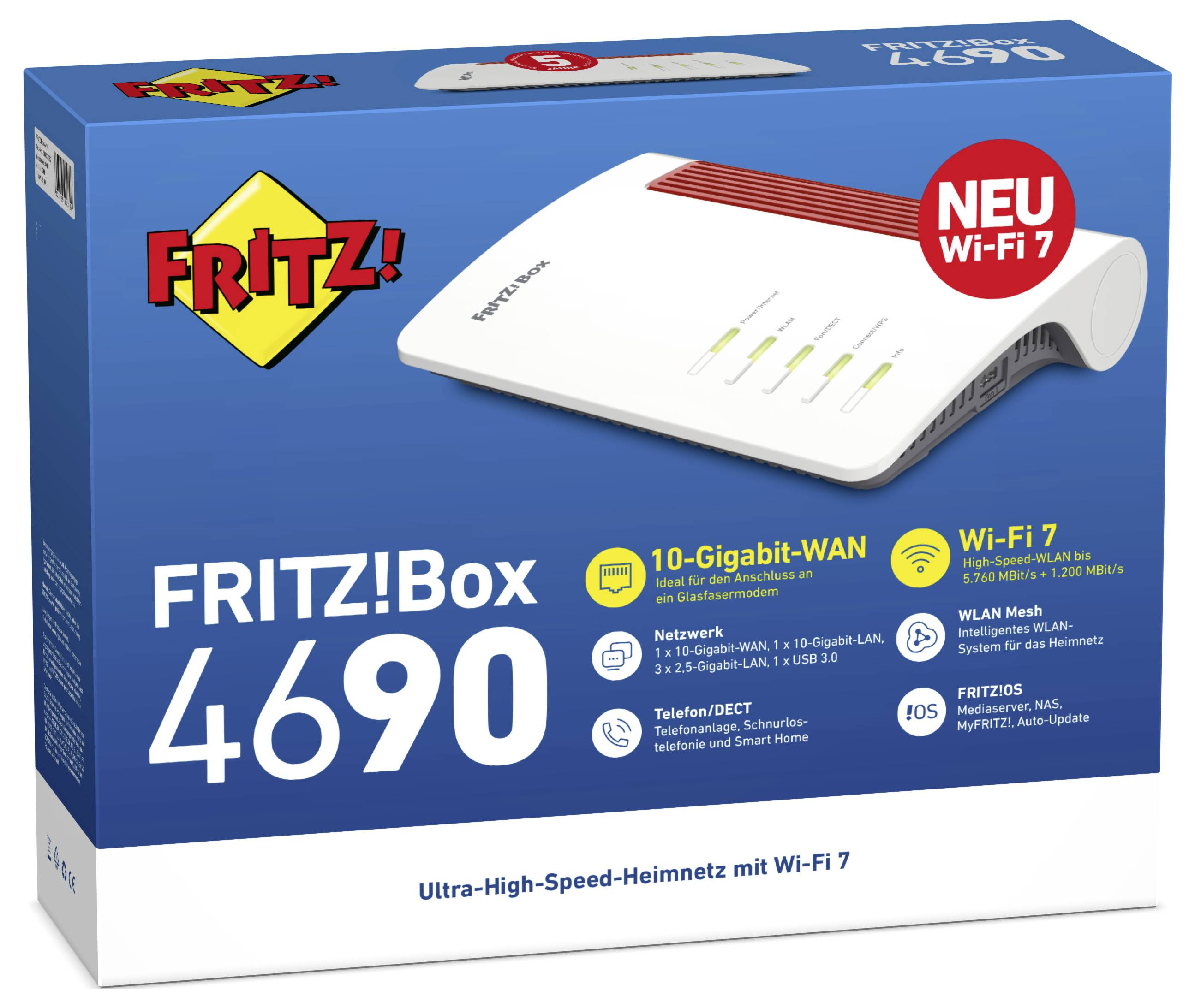 Balení „FRITZ!Box 4690" zobrazuje funkce: „10-Gigabit-WAN", „Wi-Fi 7", „WLAN Mesh", IOS, DECT pro integraci telefonie.
