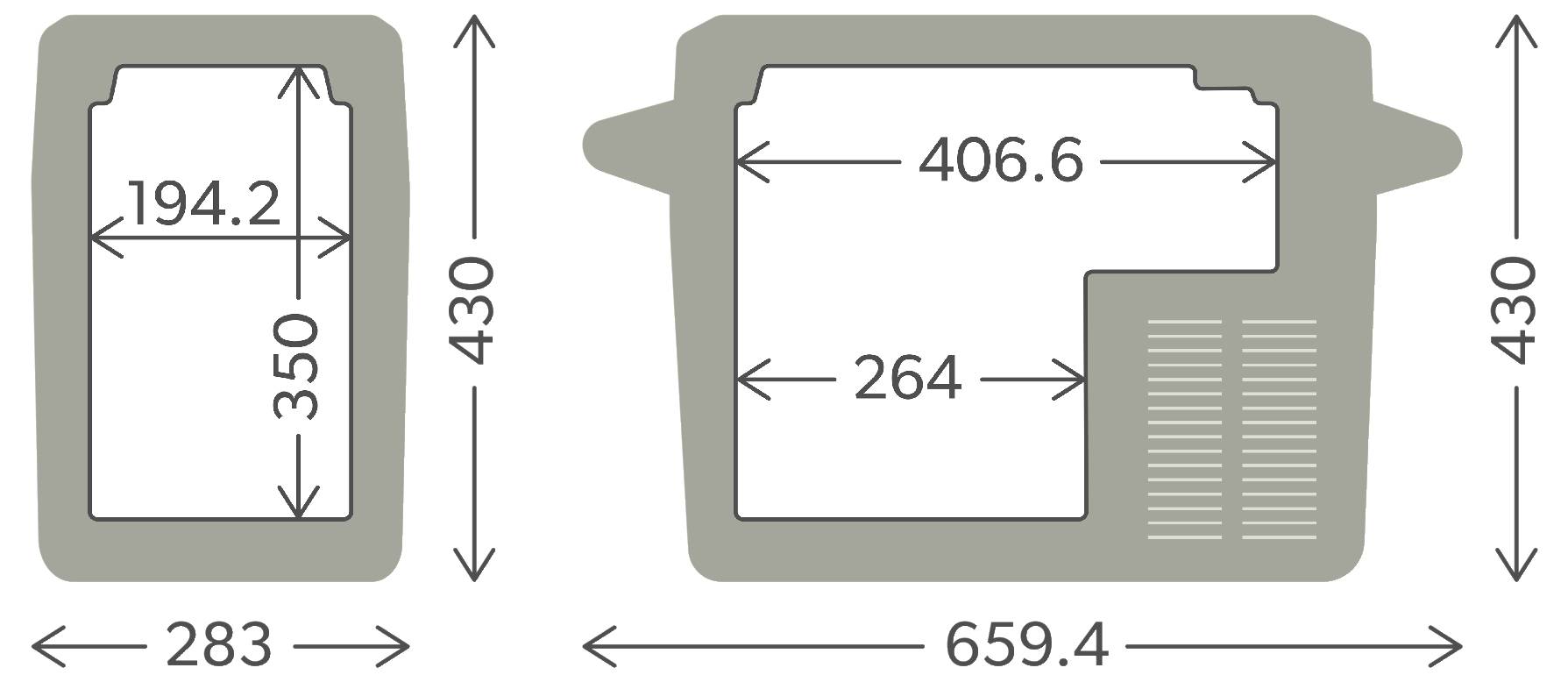 Dimensované obrysy dvou obdélníkových rámcových tvarů s uvedenými rozměry: vlevo 283 x 430, vnitřní otvor 194,2 x 350; vpravo 659,4 x 430, vnitřní sekce 406,6 a 264.