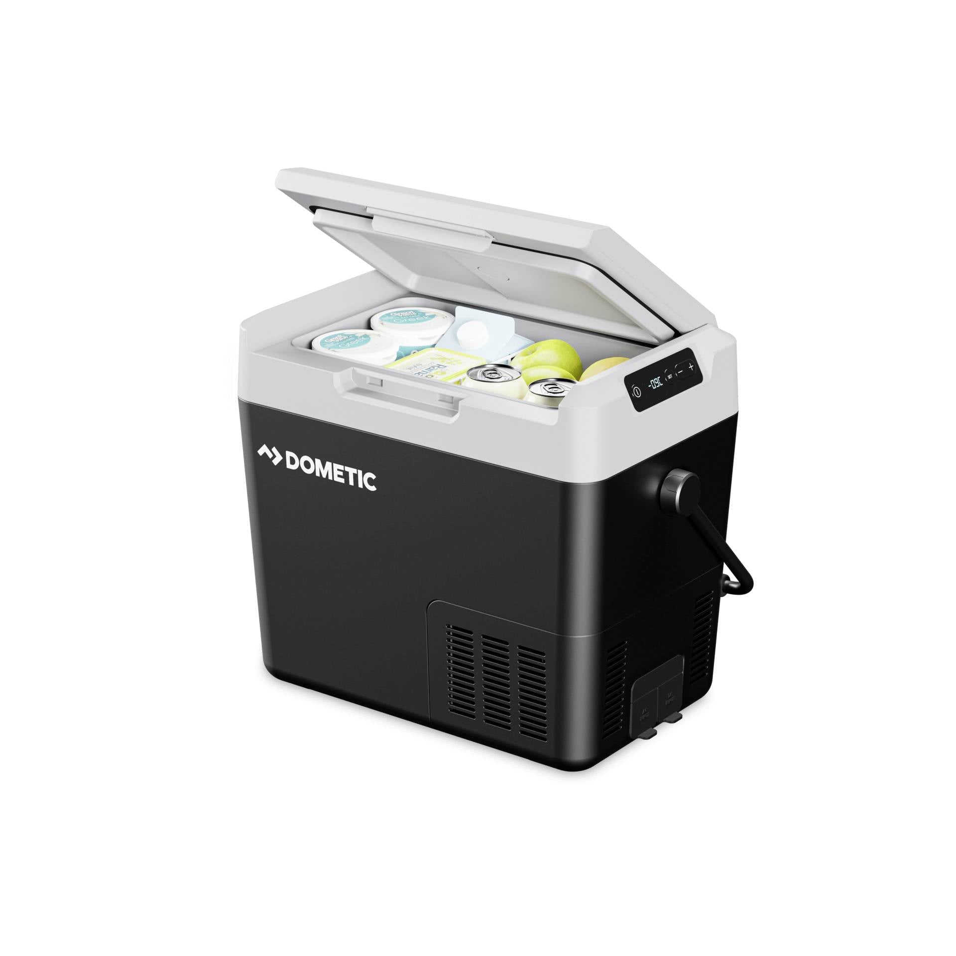 Černobílý přenosný elektrický chladící box Dometic s otevřeným víkem, ve kterém jsou viditelné ochlazené nápoje a kontejnery s jídlem.