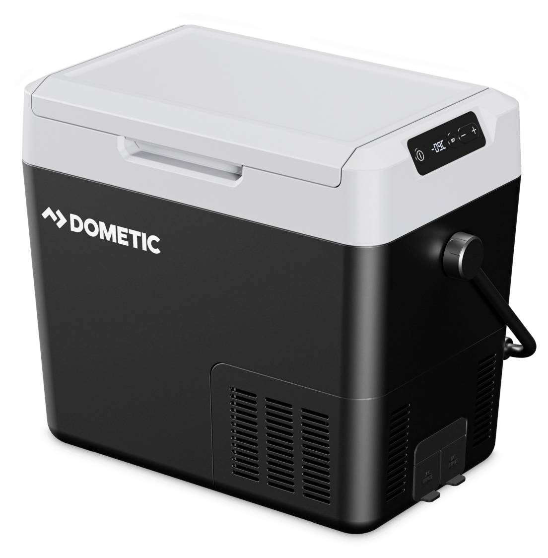 Dometic přenosný elektrický chladič s digitálním ovládacím panelem, znázorněný v černé a šedé barvě s rukojetí a napájecím kabelem.