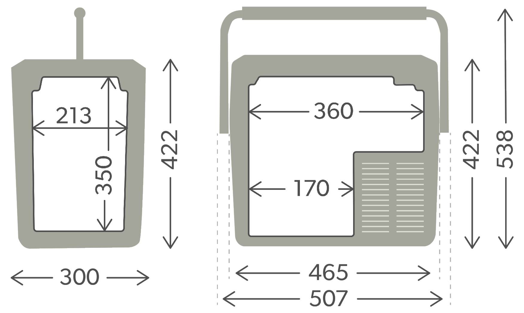 Rozměrový diagram dvou pytlovitých nádob s vyznačením šířky, výšky a velikosti otvorů pomocí šipek a popisků v milimetrech.